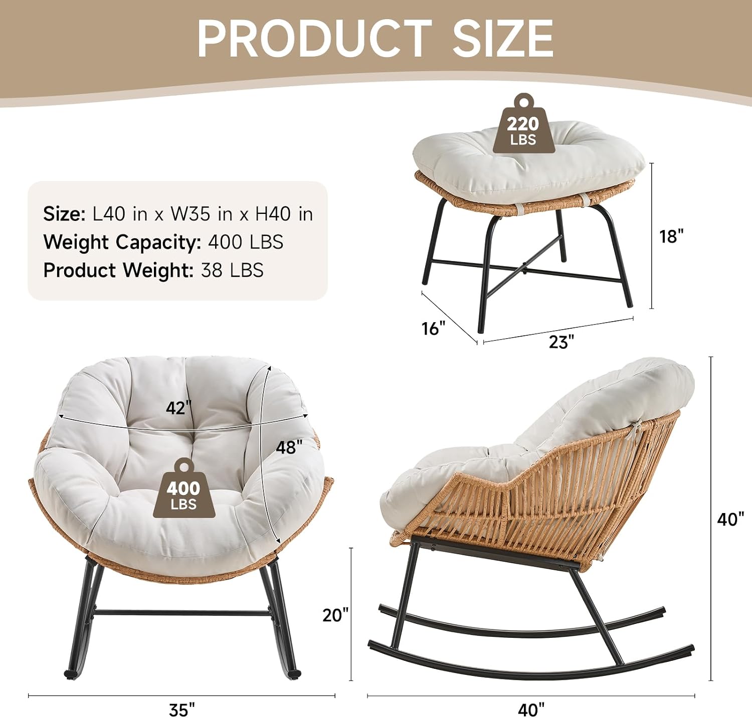 ONBRILL Papasan Rocking Chair with Ottoman,Oversized Papasan Chair with Padded Cushion, Indoor & Outdoor Rocker Chair for Living Room, Patio, Garden, Cream White