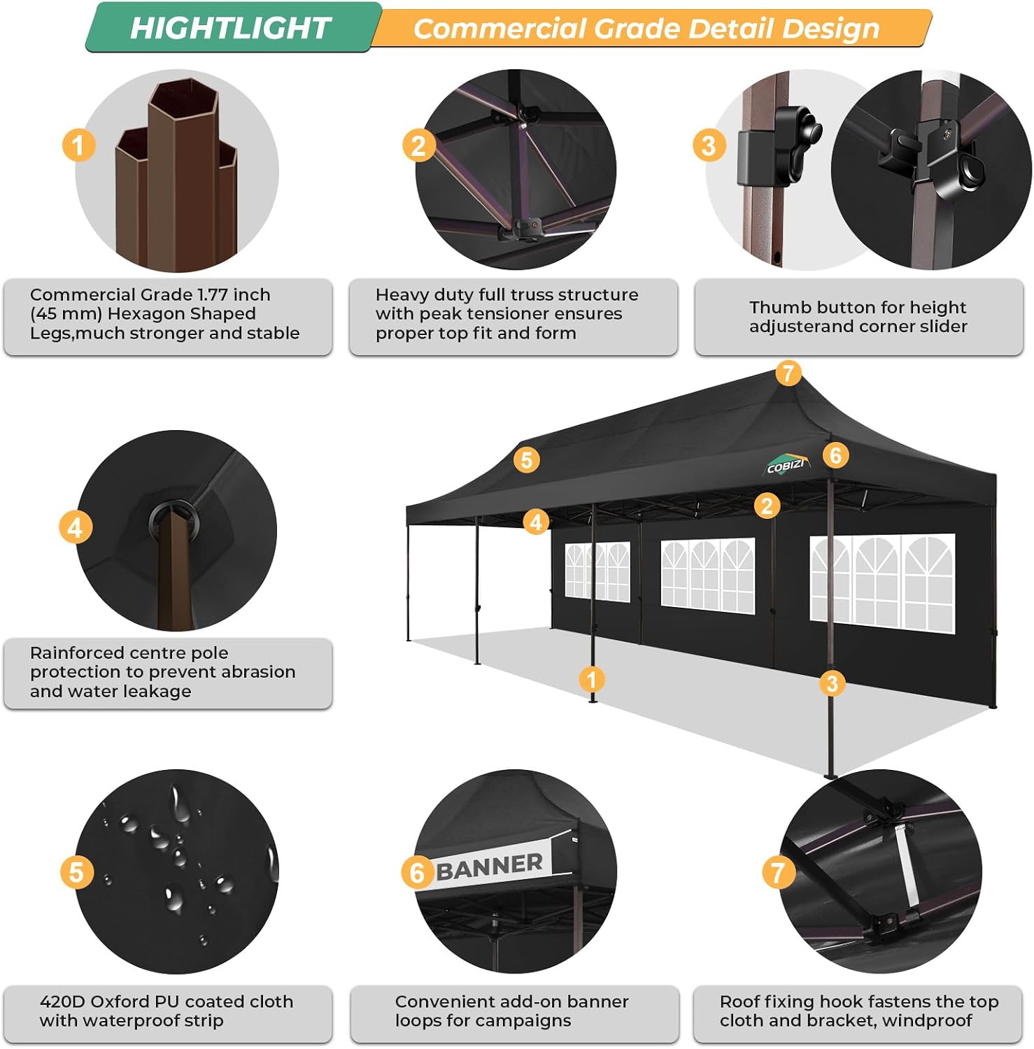 COBIZI Heavy Duty 10x30 pop up Canopy, Commercial10x30 Party Tent for Parties Waterproof Gazebos with 8 Sidewalls, All Season Wind & Waterproof UPF50+,Stable Thickened Frame, Black