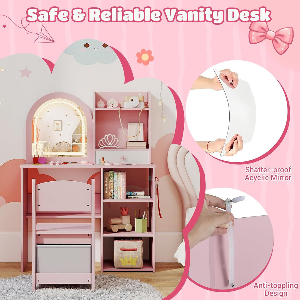 Costzon Kids Vanity with Lights, Girls Vanity Set with Mirror, Storage Drawer, Hooks & Shelves, Toddler Makeup Vanity Desk Dressing Table, Wooden Kids Vanity Table and Chair Set (Pink)