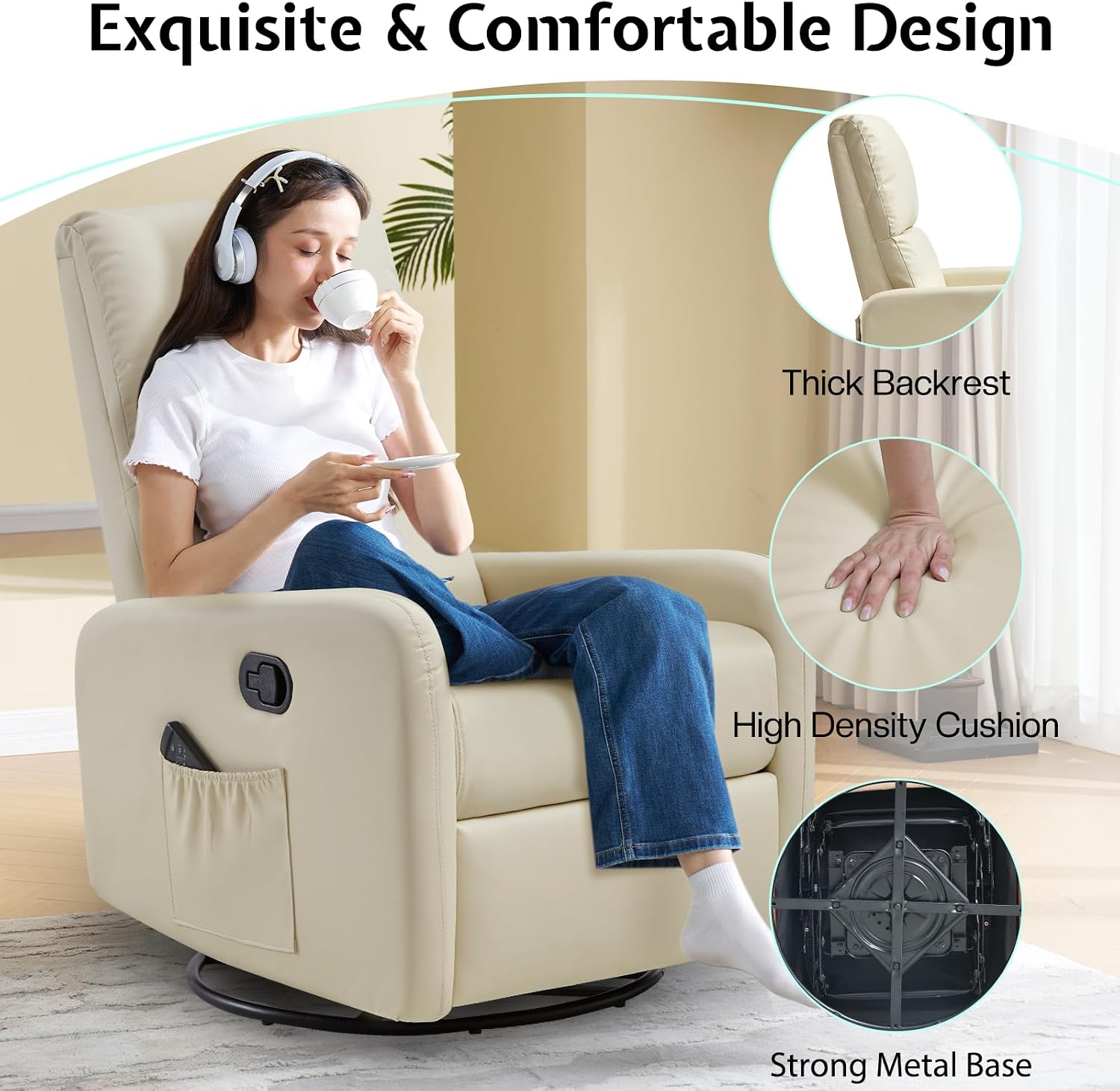 Jocisland Nursery Glider Chairs, Swivel Rocking Chair, Massage Rocker Recliner with High Back for Living Room Bedroom, Comfy Upholstered Modern Nursing Reclining Single Sofa, White Teddy