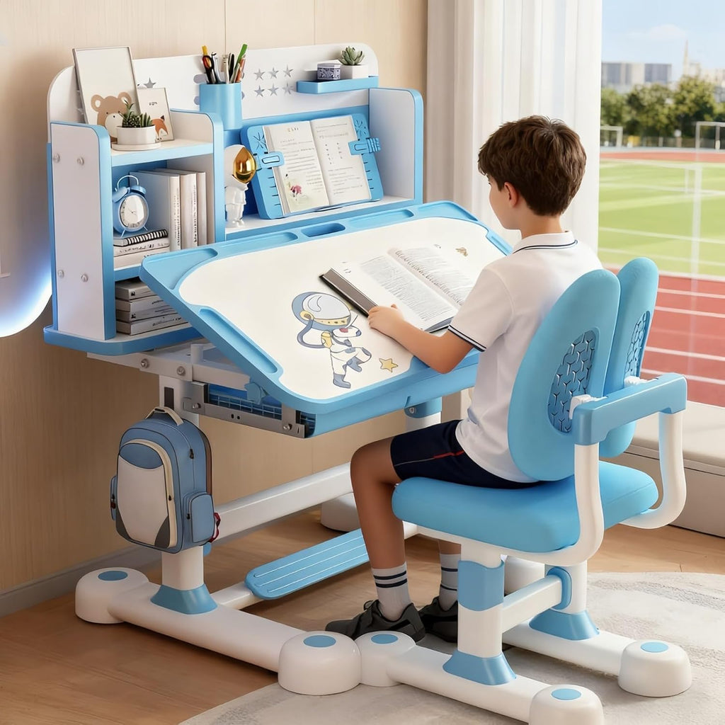 Kids Desk and Chair Set, Height Adjustable Kids Desk with Cartoon Pattern, Widened Tabletop, Tiltable Reading Stand, Back Support & Spine Protect, Prevent Myopia, for Boys & Girls 3+ (Blue1)