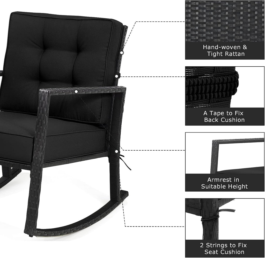 Tangkula Wicker Rocking Chair, Outdoor Glider Rattan Rocker Chair with Heavy-Duty Steel Frame, Patio Wicker Furniture Seat with 5' Thick Cushion for Garden, Porch, Backyard, Poolside (1, Black)
