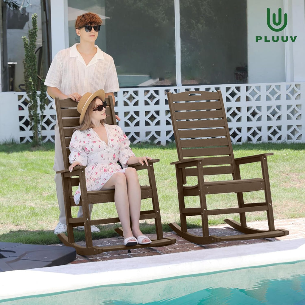 PLUUV Outdoor Rocking Chair with Removable Footboard for Adults, HDPE High Back Patio Rocking Chairs, 330lbs All Weather Porch Rocking Chairs for Outdoor & Indoor -Brown
