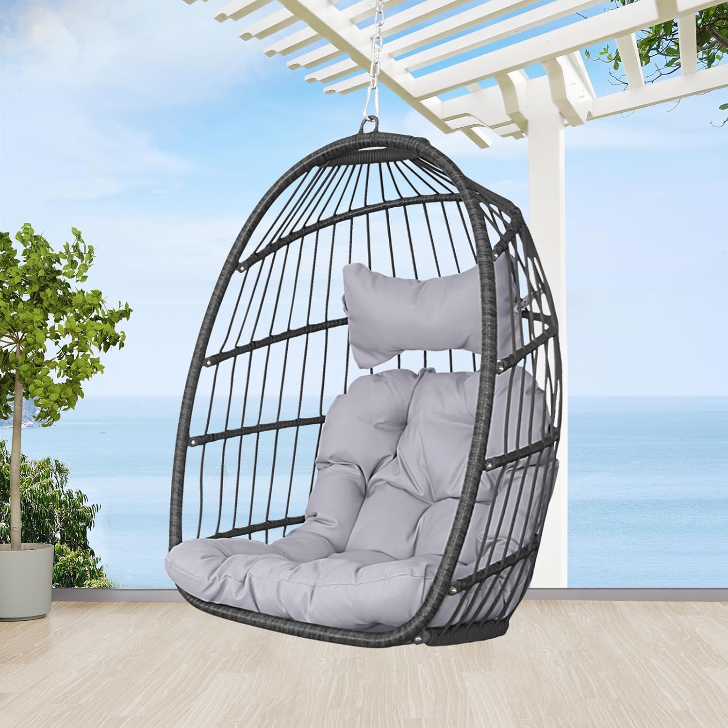 BULEXYARD Hanging Egg Chair Without Stand, 350 Lbs Foldable Wicker Rattan Swing Chair with Comfy Cushion, Outdoor Relaxing Hammock for Bedroom Patio Backyard Balcony Ceiling Tree Mount, Light Grey