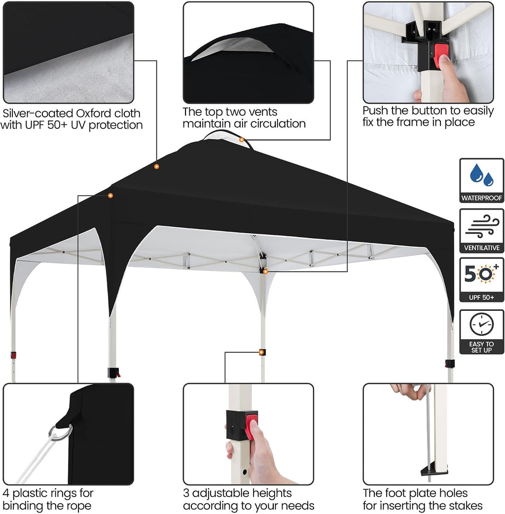 Yaheetech 12x12 Pop Up Canopy Tent with Vent, Easy Set Up Tent, Instant Sun Shelter Canopy with Wheeled Bag, 4 Sandbags, 12 Stakes & 4 Ropes, for Parties, Beach, Outdoor, Black