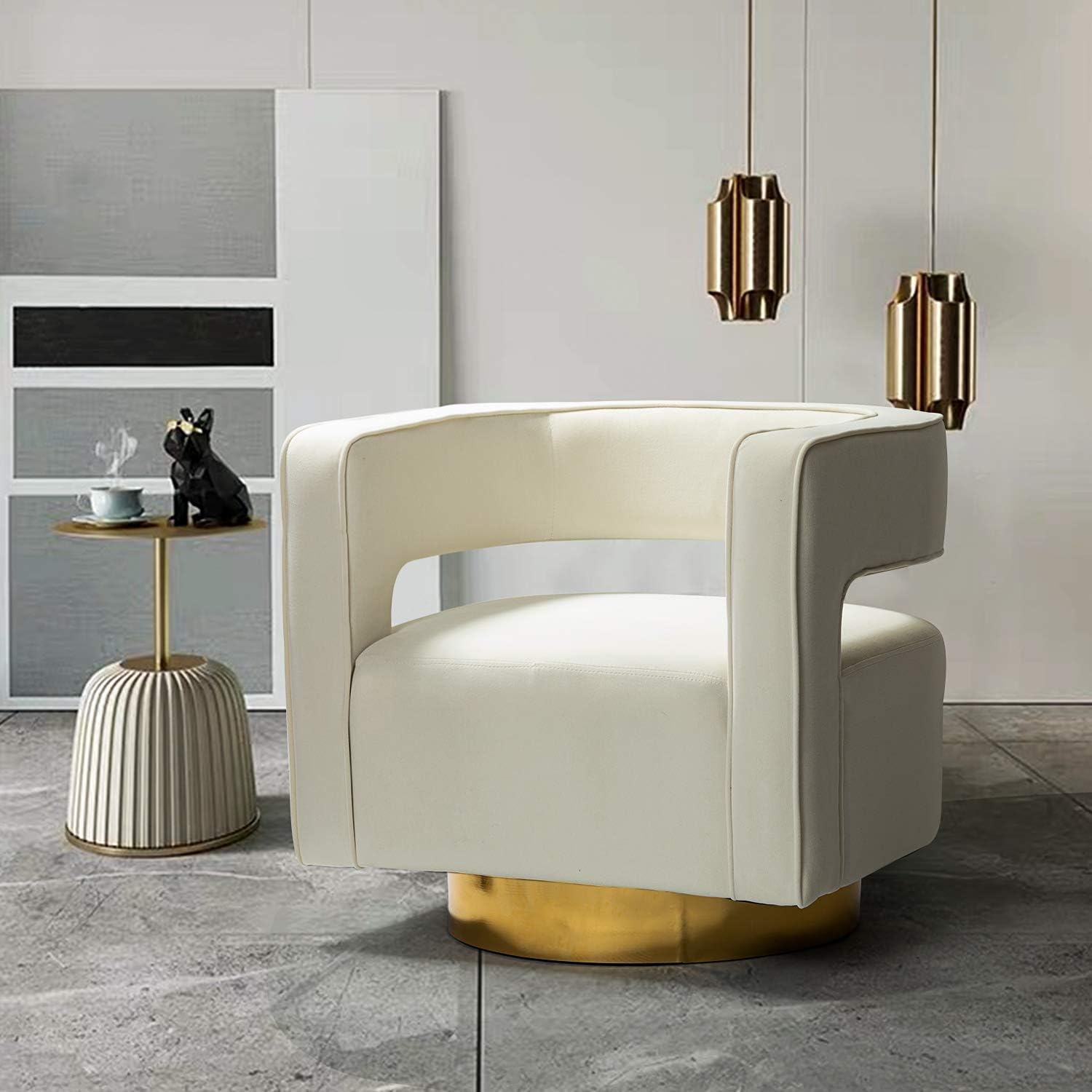 TINA'S HOME Swivel Accent Barrel Chair, Modern Velvet Armchair with 3D Curved Open Back & Swivel Gold Metal Base, Upholstered Club Chair for Living Room Bedroom Nursery, Ivory(No Assembly Required)