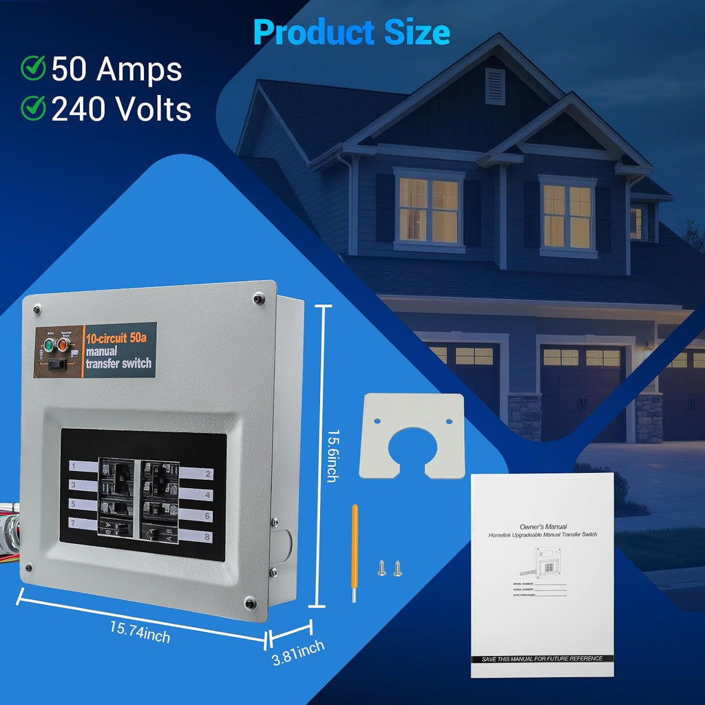 50 Amp Transfer Switch RV Replacement for Generac 9854 Pre-Wired, 10-Circuit 50A Manual Transfer Switch Compatible with Portable Generators