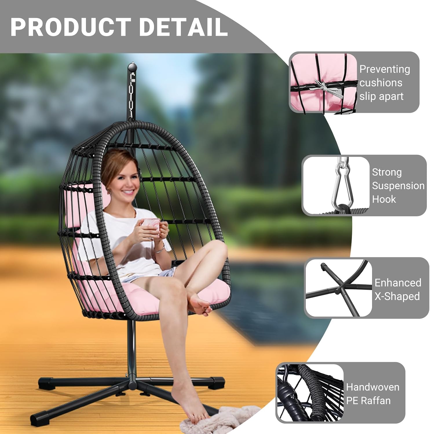 CHABATREE Egg Chair with Stand,Patio Rattan Wicker Hanging Swing Egg Chair Hammock Chair for Bedroom Porch Garden,Thickened Aluminum Alloy Steel Frame and UV Resistant Cushion,350LBS Capacity