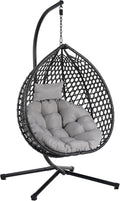 Indoor Outdoor Hammock Chair with Stand, Rattan Egg Hanging Swing Chair with Cushion for Balcony Bedroom Garden (Black+Gray)