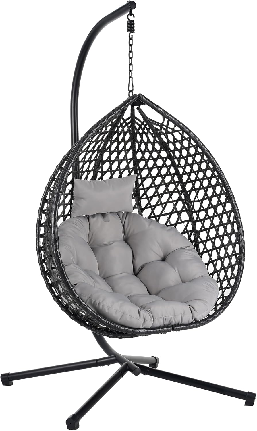 Indoor Outdoor Hammock Chair with Stand, Rattan Egg Hanging Swing Chair with Cushion for Balcony Bedroom Garden (Black+Gray)