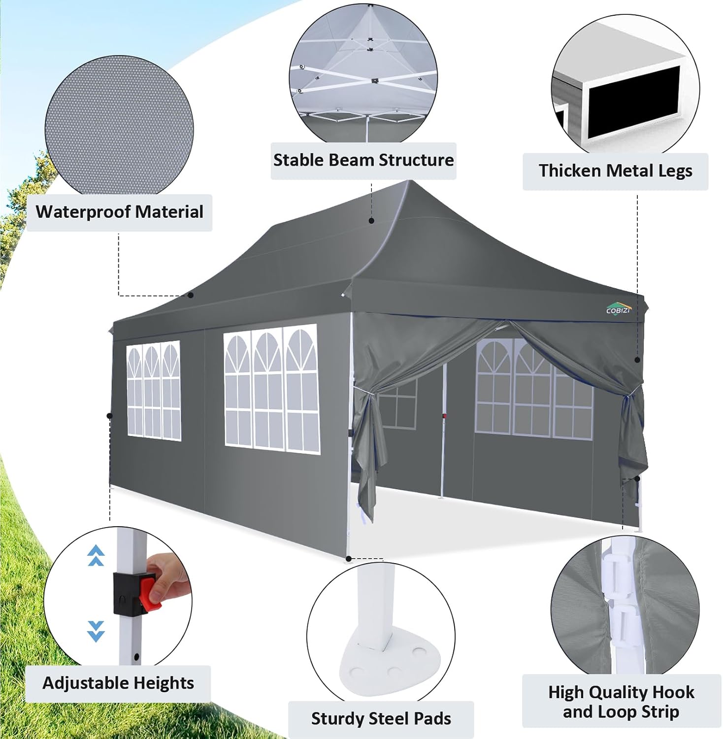 COBIZI 10x20ft Pop Up Canopy Tent with 6 Removable Sidewalls, Easy Up Commercial Canopy, Waterproof and UV50+ Gazebo with Portable Bag, Adjustable Leg Heights,Party Tents for Parties, with 4 Sandbags