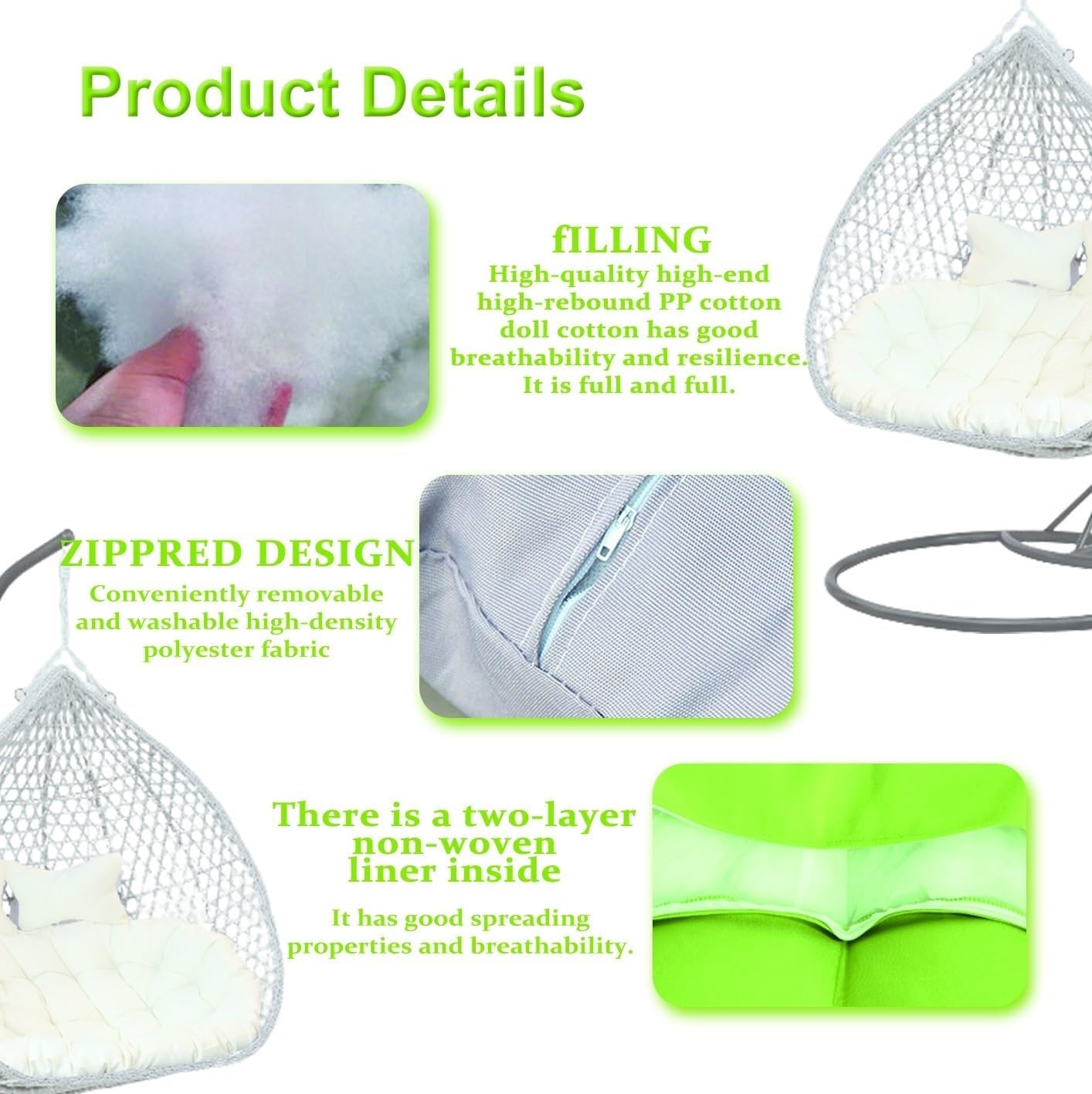 Thicken 6in Hanging Chair Cushion, Double Removable Egg Nest Shaped Basket Cushion Replacement, Waterproof Washable 2 Persons Seater Wicker Rattan Swing Seat Pads for Patio Garden, Orange