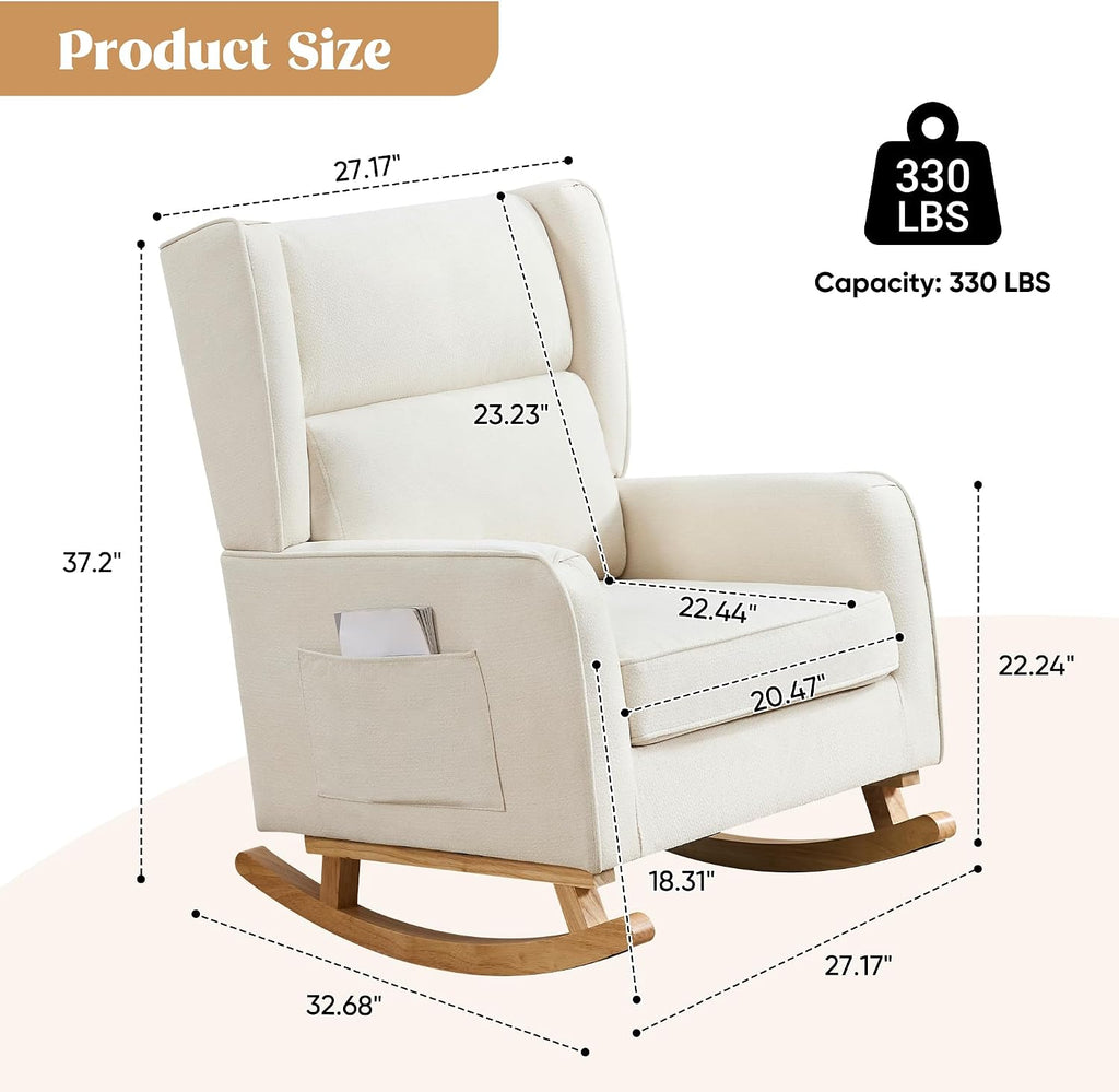 HCHAIRH Nursery Rocking Chairs, Rocking Chair Nursery for Mom Nursery Rocker with High Backrest and Solid Wood Legs, Beige Modern Wingback Accent Chairs for Reading Living Room Bedroom