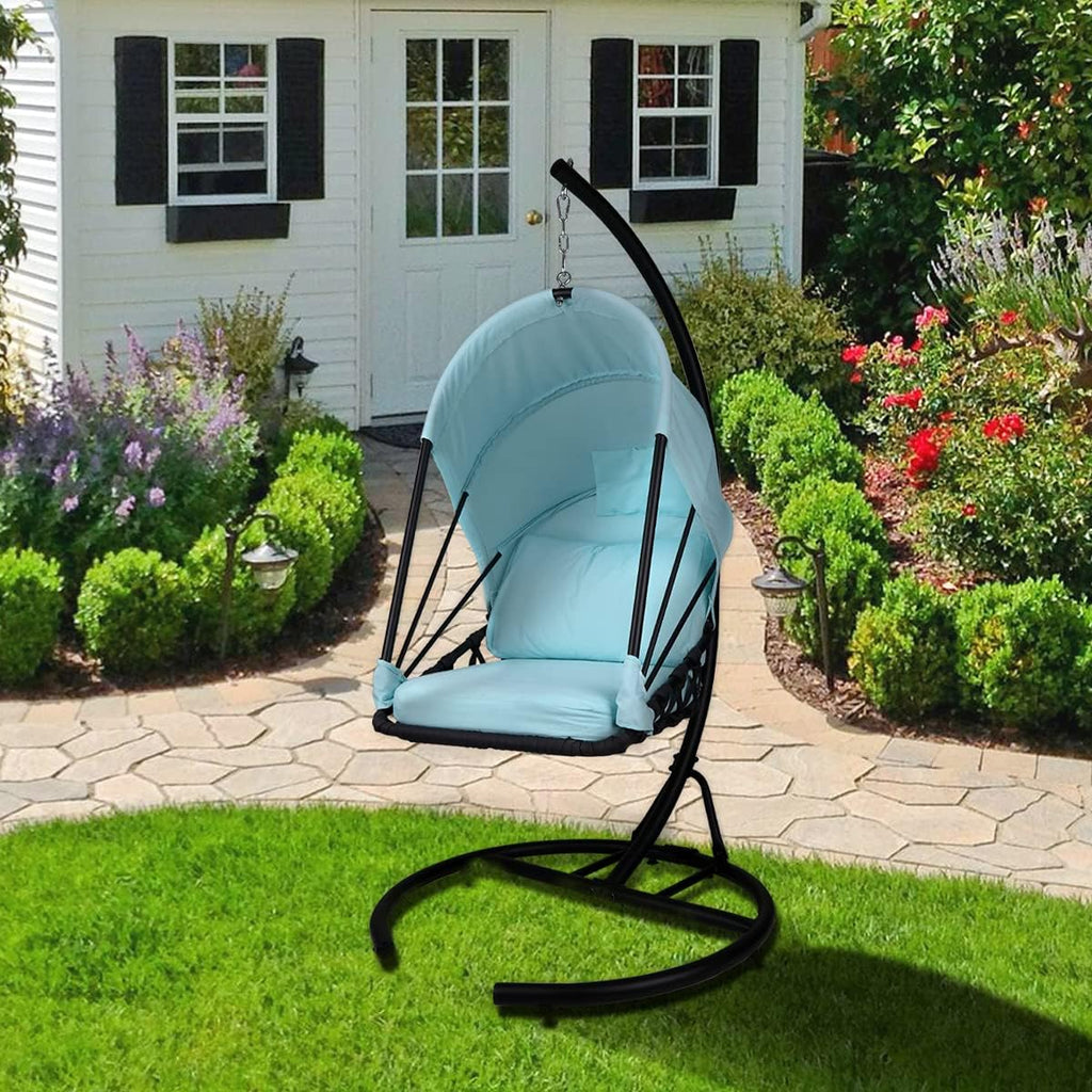 Foldable Hanging Chair Swing Hammock Egg Chair PE Rattan Wicker Seat w/Padded Cushion Headrest Pillow Canopy for Outdoor, Indoor, Blue