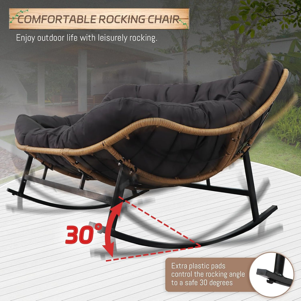 BULEXYARD Double Papasan Rocking Chair Indoor Outdoor, 2 Person Wicker Rocking Egg Chair with Dark Grey Thick Cushion, Oversized Large Patio Lounge Loveseat for Balcony, Porch, Garden, Lawn