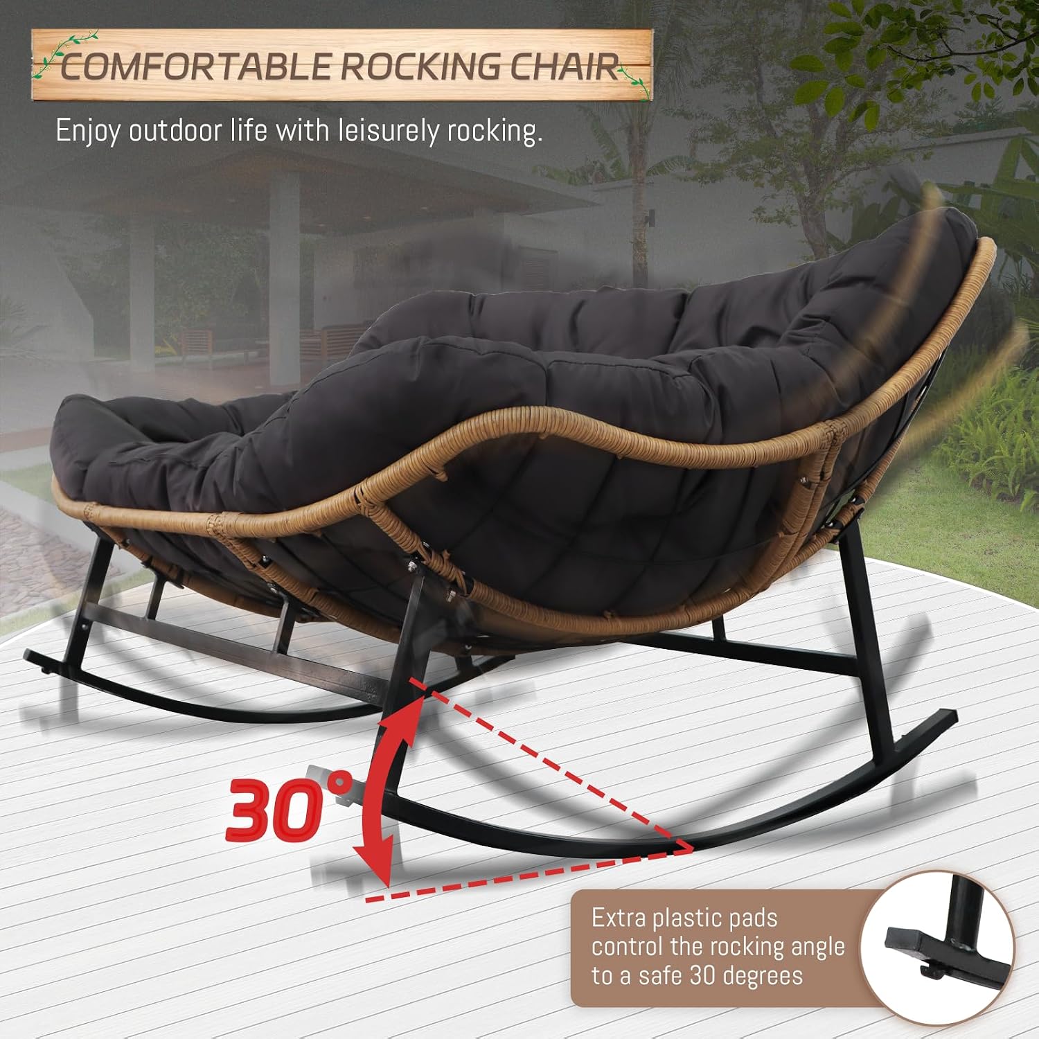 BULEXYARD Double Papasan Rocking Chair Indoor Outdoor, 2 Person Wicker Rocking Egg Chair with Dark Grey Thick Cushion, Oversized Large Patio Lounge Loveseat for Balcony, Porch, Garden, Lawn