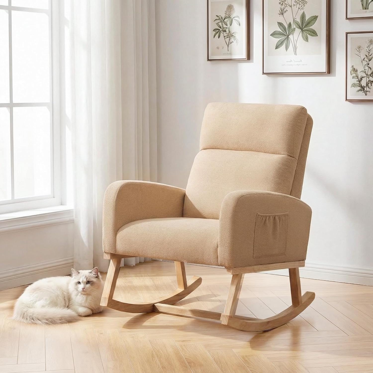 Rocking Chair Nursery, Nursery Rocker Chairs for Mom with High Backrest and Solid Wood Legs, Modern Glider Chairs for Nursing Living Room Bedroom, Khaki