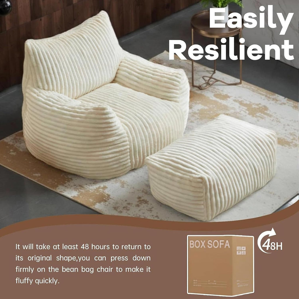 LKD Oversized Bean Bag Chairs for Adults,Bean Bag Chair with arms,Plush Bean Bag,Modern Living Room Decorative Chair,Corner Chair Bedroom,Reading Sofa, Dormitory Lounge Chairs (White, with Ottoman)