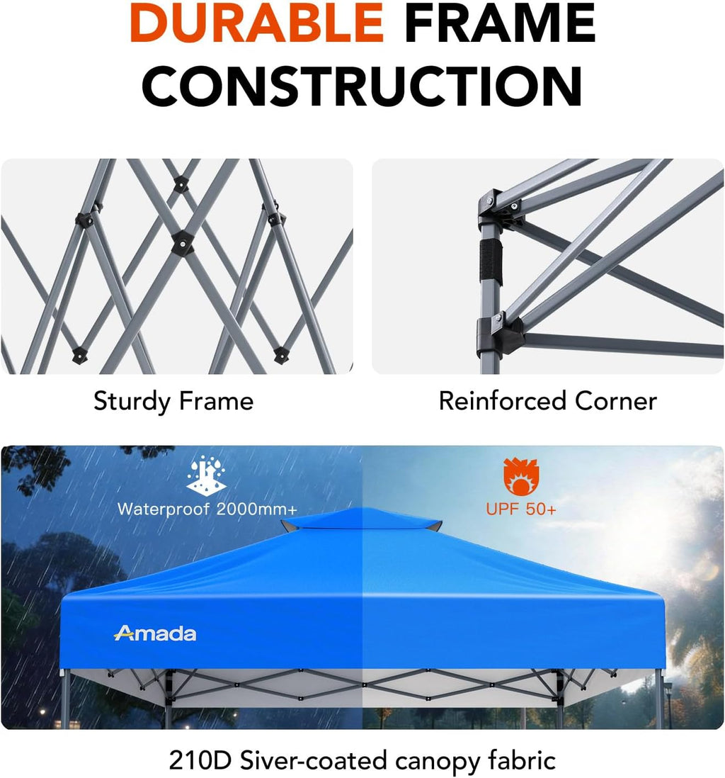 Amada 12x12 Pop Up Canopy - Center Lock One Push Instant Setup Wheeled Gazebo Outdoor Canopy Beach Tent with STO-N-Go Bag 8 Stakes & 4 Sand Bags, 3-Height Adjustable Shade Shelter (12x12ft, Blue)