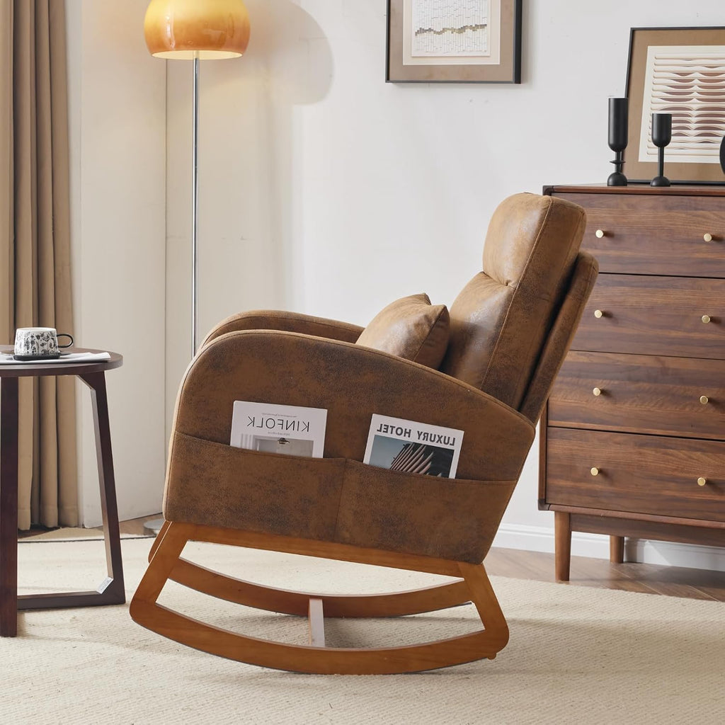 VINGLI Rustic Microfiber Nursing Rocking Chair with Thick Headrest, Upholstered Mid-century Modern Nursery Rocker Glider with Curved Armrest, Sturdy Solid Wood Base for Living Room, Bedroom, Baby Room