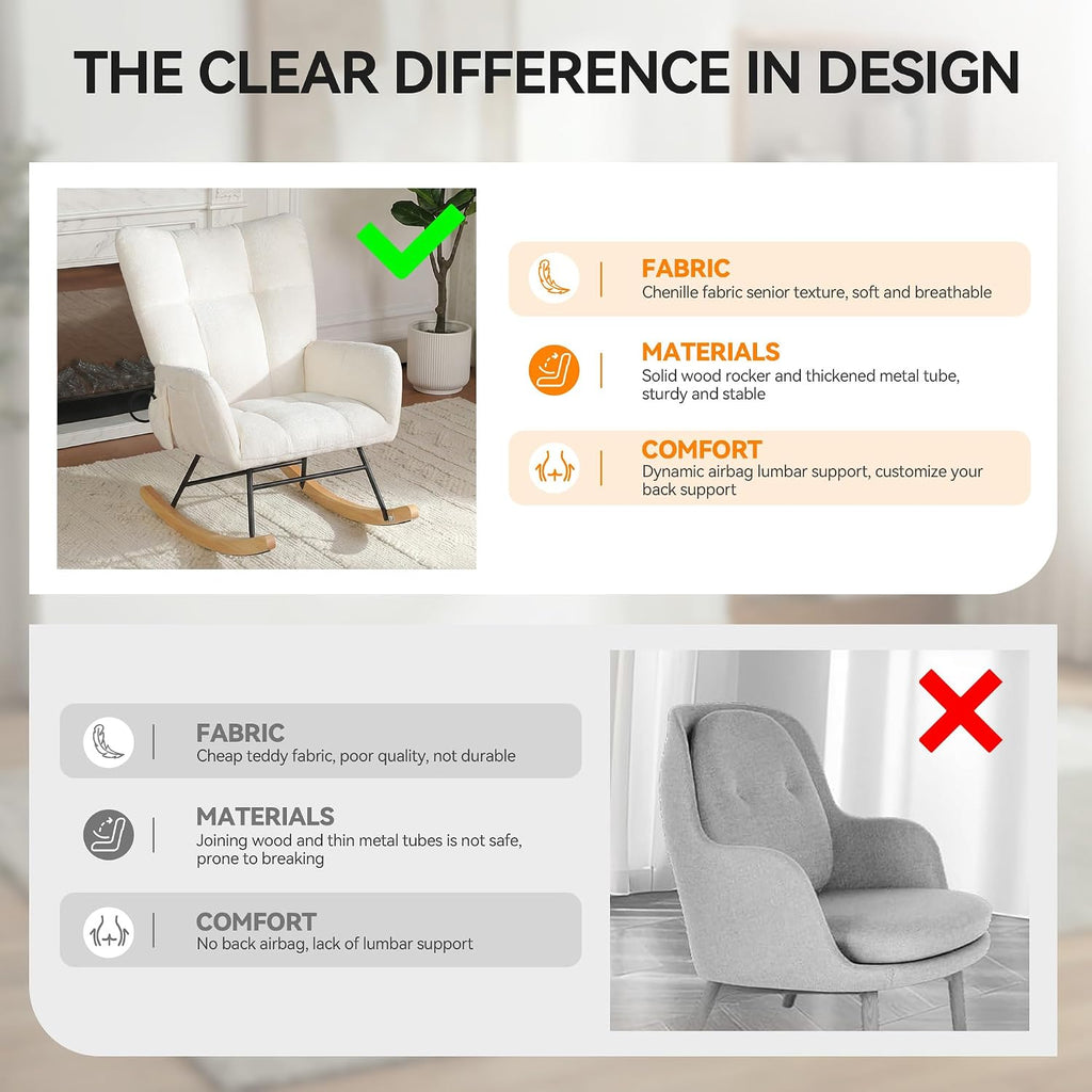 Rocking Chair with Airbag, Comfy Modern Reading & Nursing Nursery Rocking Chair Indoor, Cozy Upholstered Glider Rocker Chairs for Living Room Bedroom Offices, (Chenille, White)
