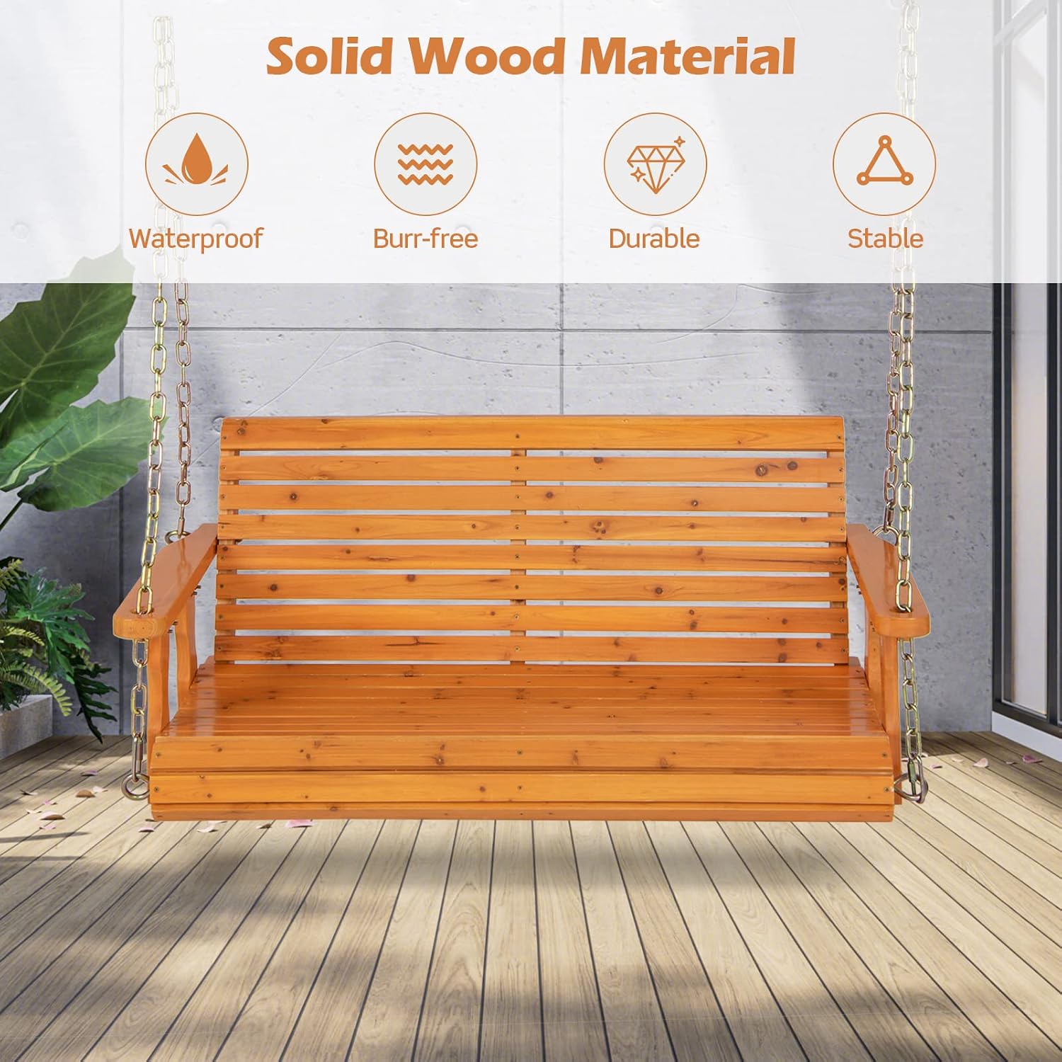 Giantex Wooden Porch Swing 2 Seat - Outdoor Swinging Chairs with Hanging Chains, 600 lbs Weight Capacity, 4 FT Finished Fir Wood Bench Swing for Patio, Outside, Garden, Lawn, Backyard (Orange)