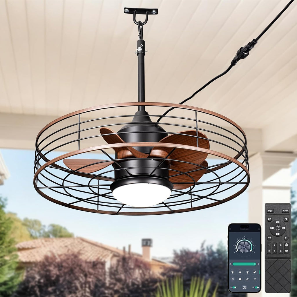 24' Waterproof Gazebo Ceiling Fan with Light Caged Outdoor Hanging Fan for Patios with Plug-in Cord, Dimmable LED, APP Remote Control, 6 Speeds for Pergola Porch Gazebo