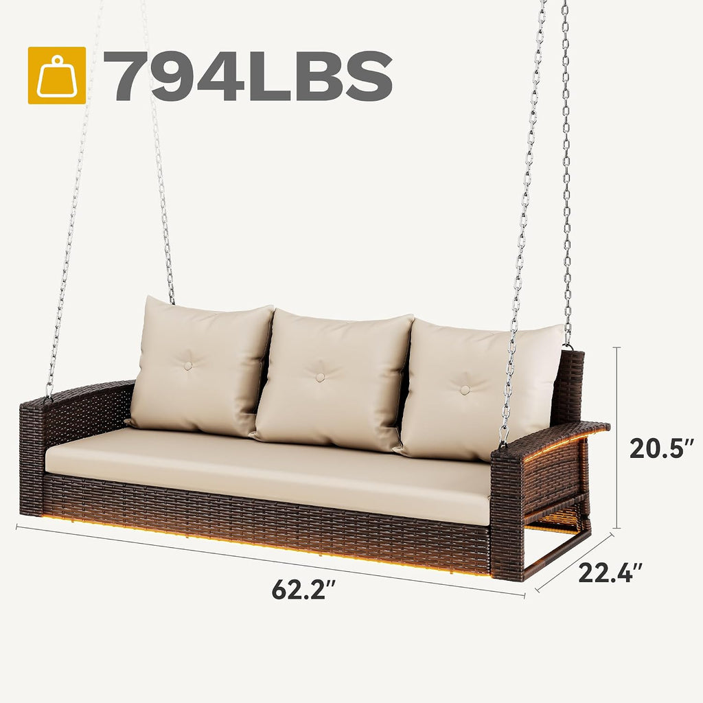 DWVO LED 3-Seat Patio Porch Swing, Outdoor Wicker Hanging Porch Swing Chair Bench Rattan Chair with LED Lights & Soft Cushions for Outside, Garden, Backyard, Lawn, Light Brown & Beige