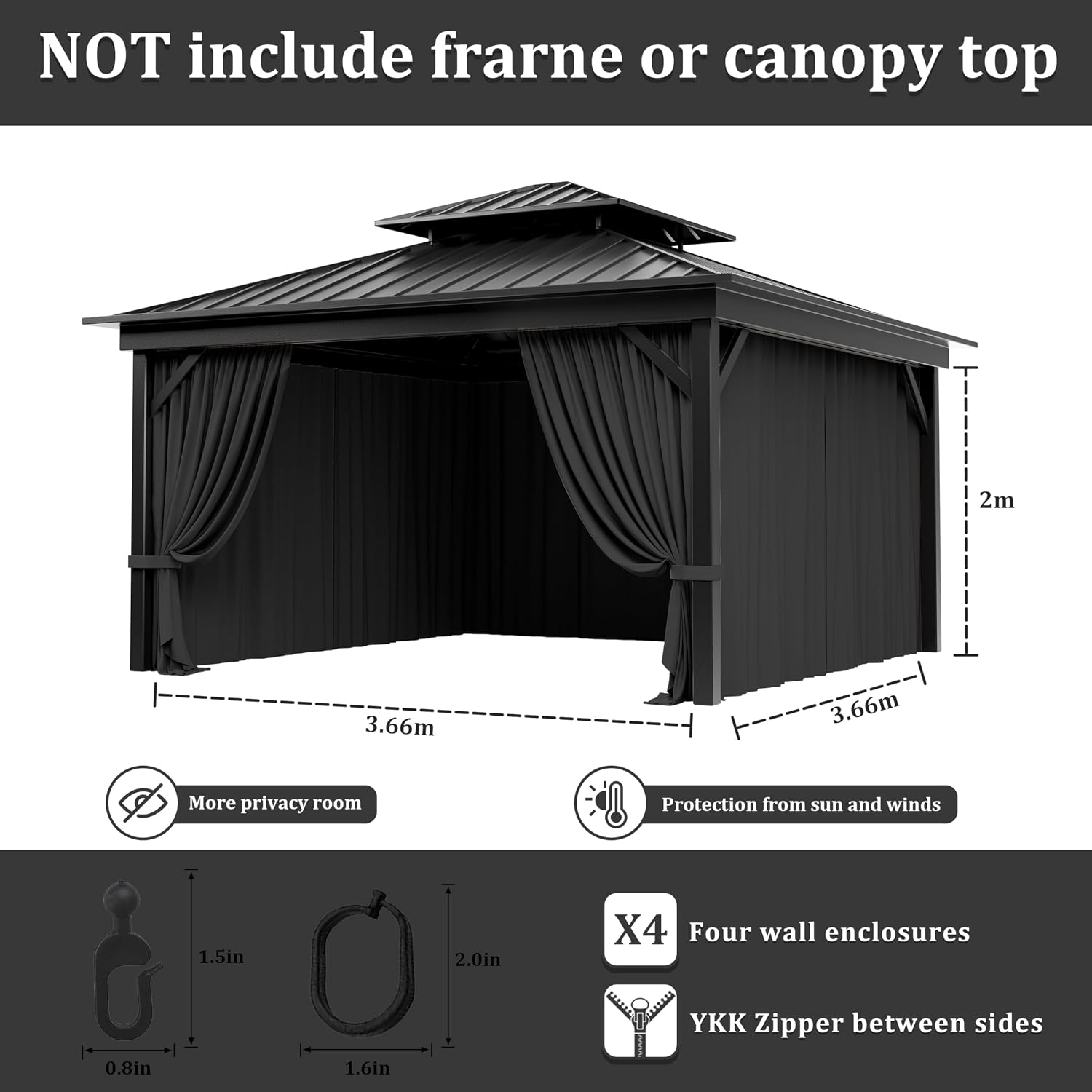 Outdoor Gazebo Curtain Replacement Universal 4-Panel Sidewalls 12' X 12',Outdoor Patio Waterproof Privacy Curtain with Double Zipper for Patio,Garden, and Backyard (Curtain Only)