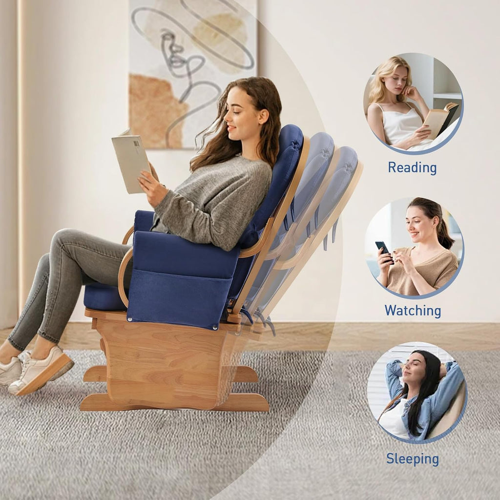 Wood Base Glider Rocker Chair, Baby Feeding and Rocking Chair Nursery Rocking Chairs with Silent Swing Solid Hardwood Base for Nursery, Living Room, Bedroom, Classroom(Beech Wood Blue)