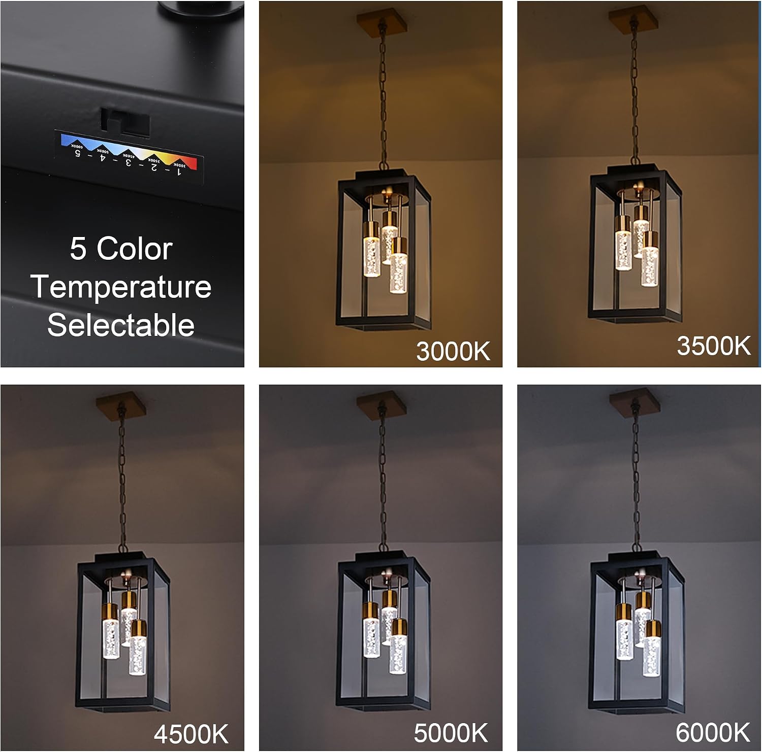 MELUCEE 5 Color Dimmable LED Exterior Lantern Hanging Light Ceiling Mount with Clear Glass, Black 16 Inch Outdoor Pendant Light Outside Chandelier for Porch Garage Gazebo Patio, Built-in LED Chips