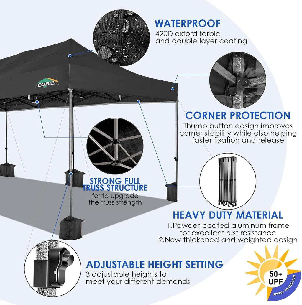 COBIZI 10x30 Pop up Canopy, Heavy Duty Outdoor Party Tents for Parties, Ez up UPF 50+ Waterproof Commercial Canopy with Wheeled Bag, Black(Windproof Upgraded)