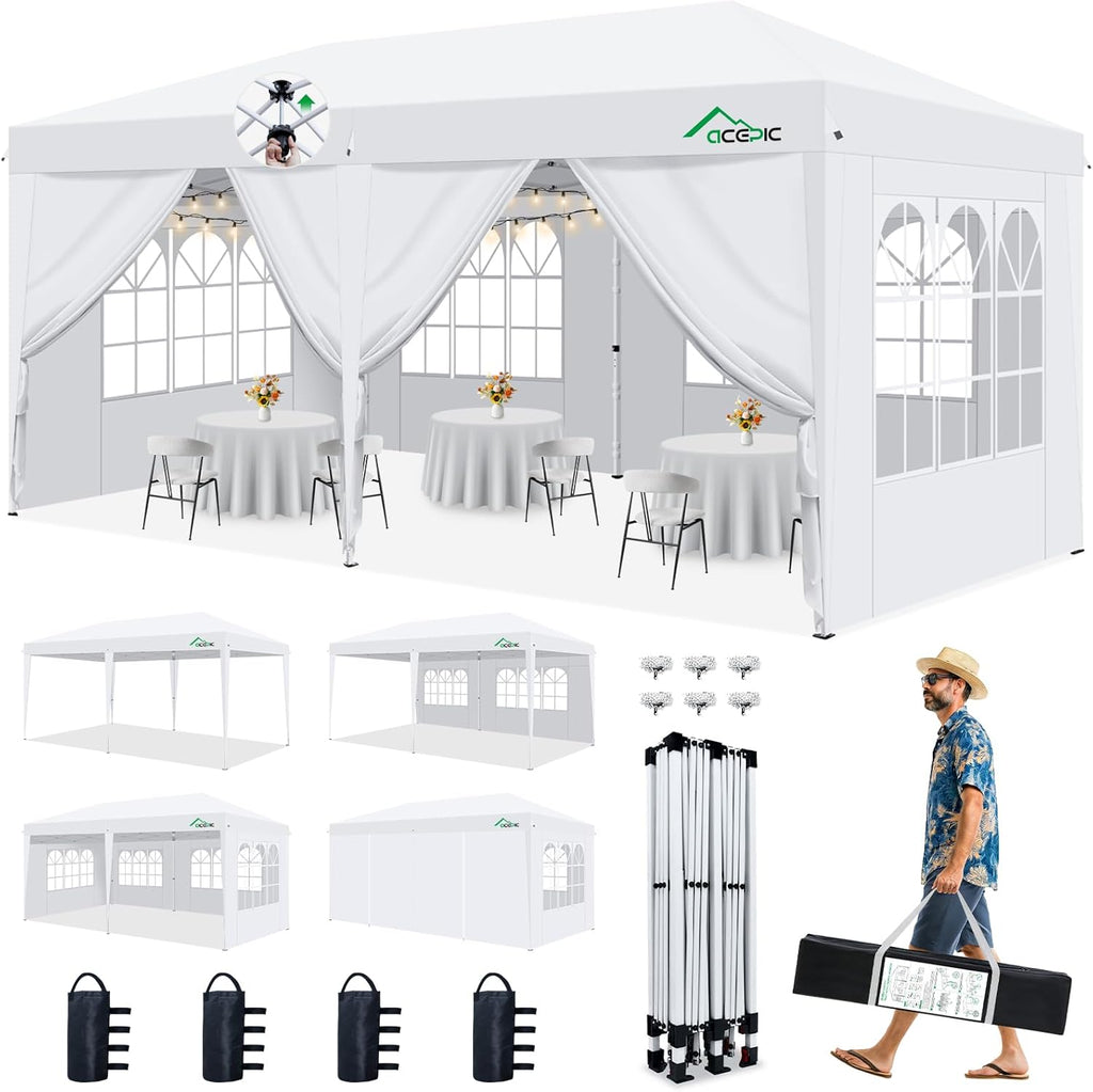 Acepic 10x20 Pop Up Canopy Tent with 6 Removable Sidewalls, 2 Central Lock Easy Set-up Outdoor Party Tent, Commercial Grade Waterproof Party Gazebo with Church Windows, White