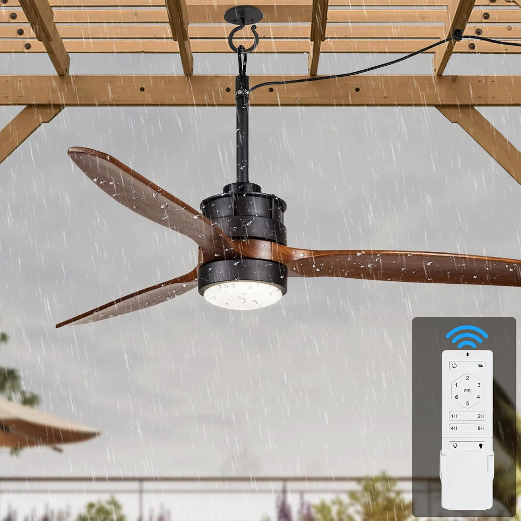 EKIZNSN 42' Wet Rated Ceiling Fans with Lights Outdoor Hanging for Gazebo Waterproof, DC Motor w 3 Reversible Walnut Wood Blades, Walnut