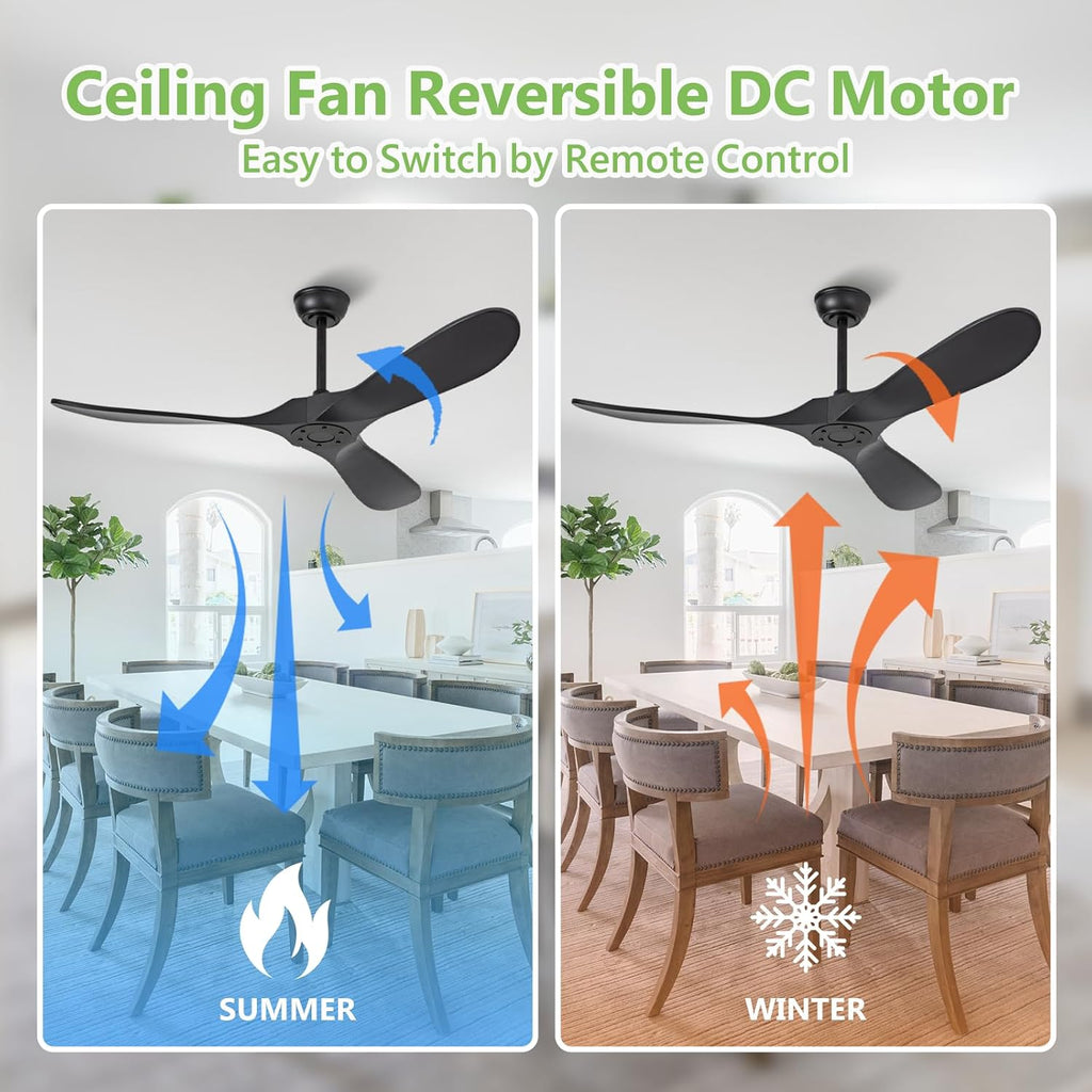 52 Inch Black Ceiling Fan No Light,Living Room Ceiling Fans Without Lights, Medium Modern 3 Blade Quiet Dc Ceiling Fans For Slanted Ceilings, Rustic Wood Ceiling Fan For Gazebo With Remote