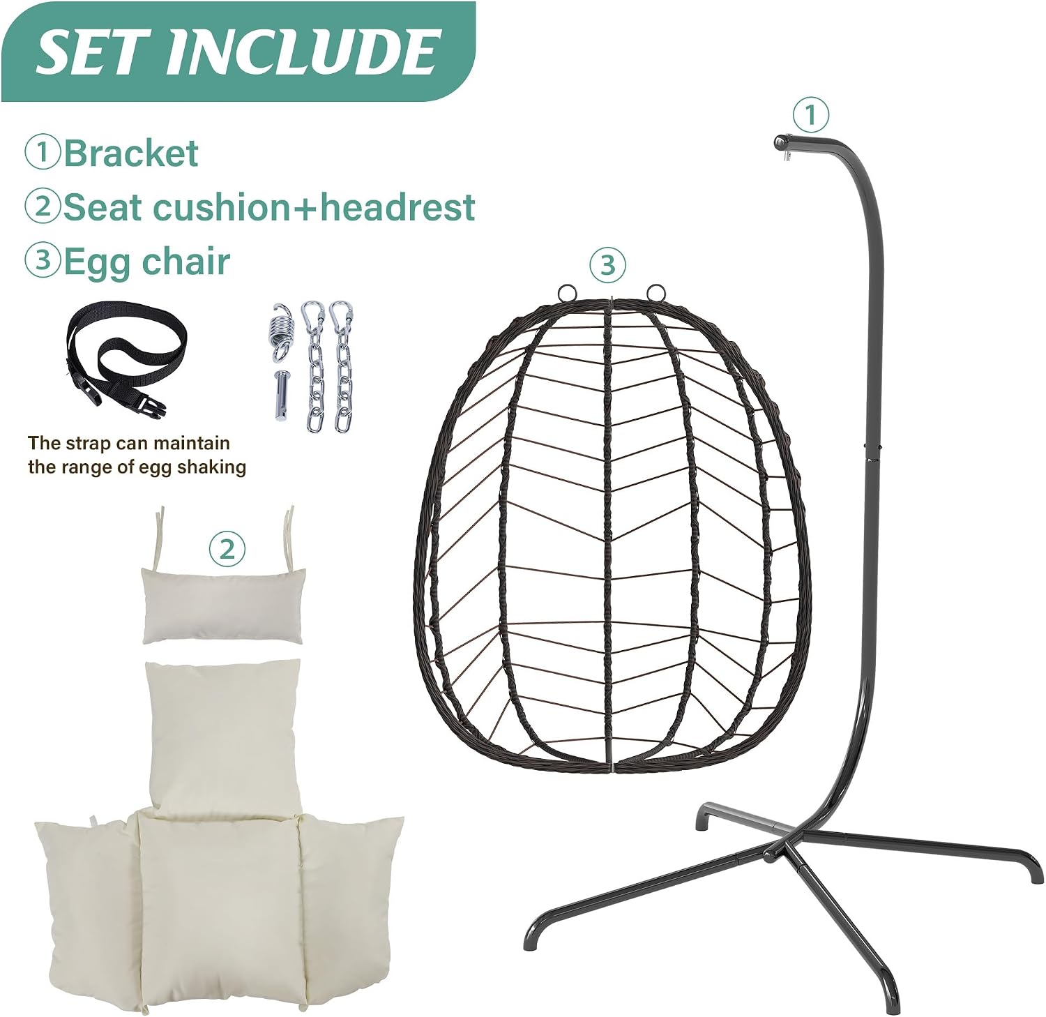 Egg Chair with Stand, Patio Wicker Hanging Chair, Hammock Swing Chair, 350LBS Capacity for Bedroom, Balcony(BR-BE)