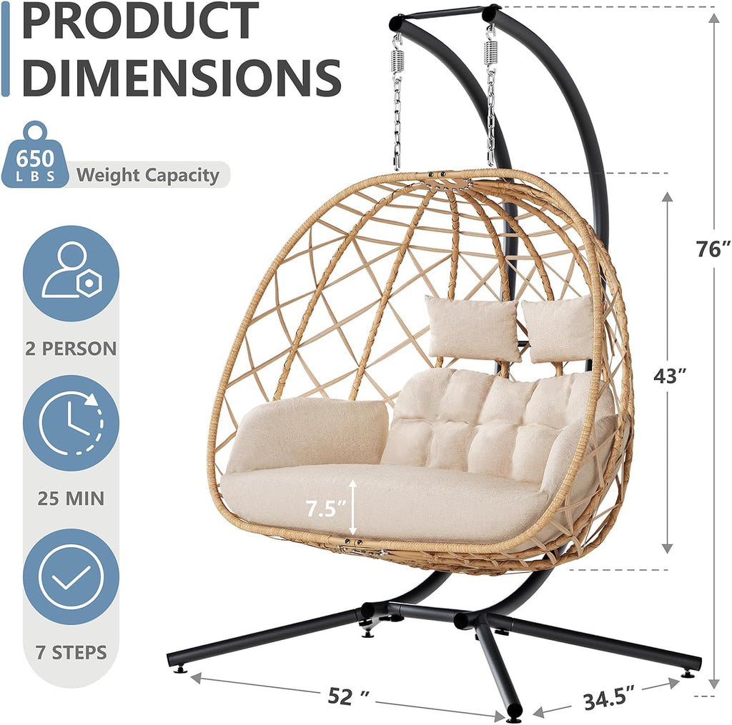 SWITTE Double Egg Swing Chair with Stand, 2 Person Outdoor Indoor Hammock Hanging Chair with Cushion for Patio Living Room 650 LBS Capacity-Beige