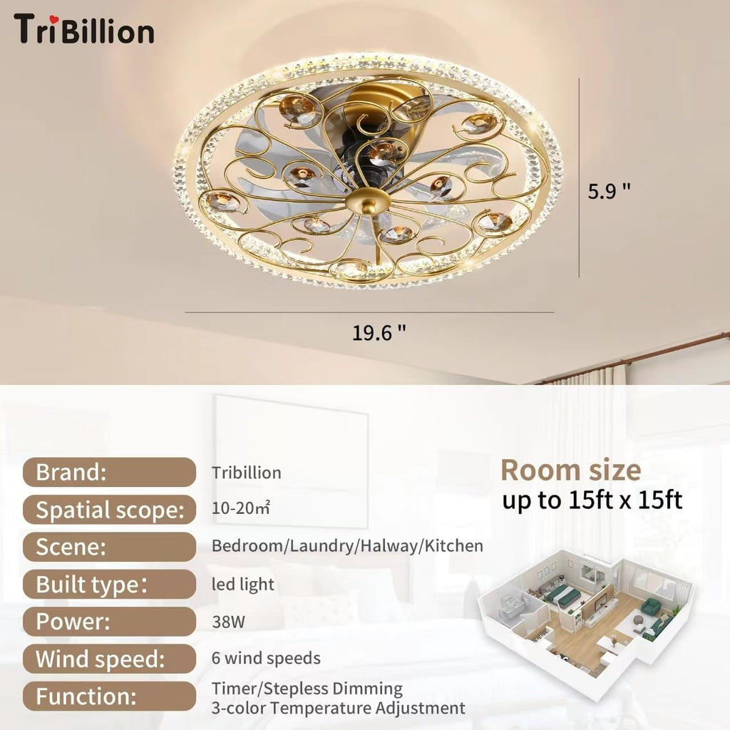 Ceiling Fans with Lights and Remote Caged Low Profile Farmhouse Ceiling Fan with Smart LED 6 Speed 3 Color Temp. Enclosed Ceiling Fan Flush Mount Fandelier for Bedroom Living Room Gold Crystal