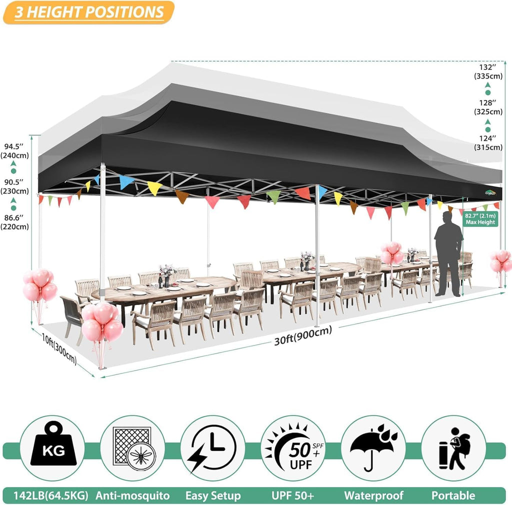 COBIZI 10x30 Pop Up Canopy with Sidewalls, Heavy Duty Canopy with Mosquito Netting, Easy up Screen Party Tents for Parties Backyard Outdoor Commercial Event Gazebo with Roller Bag, Sandbags, Black