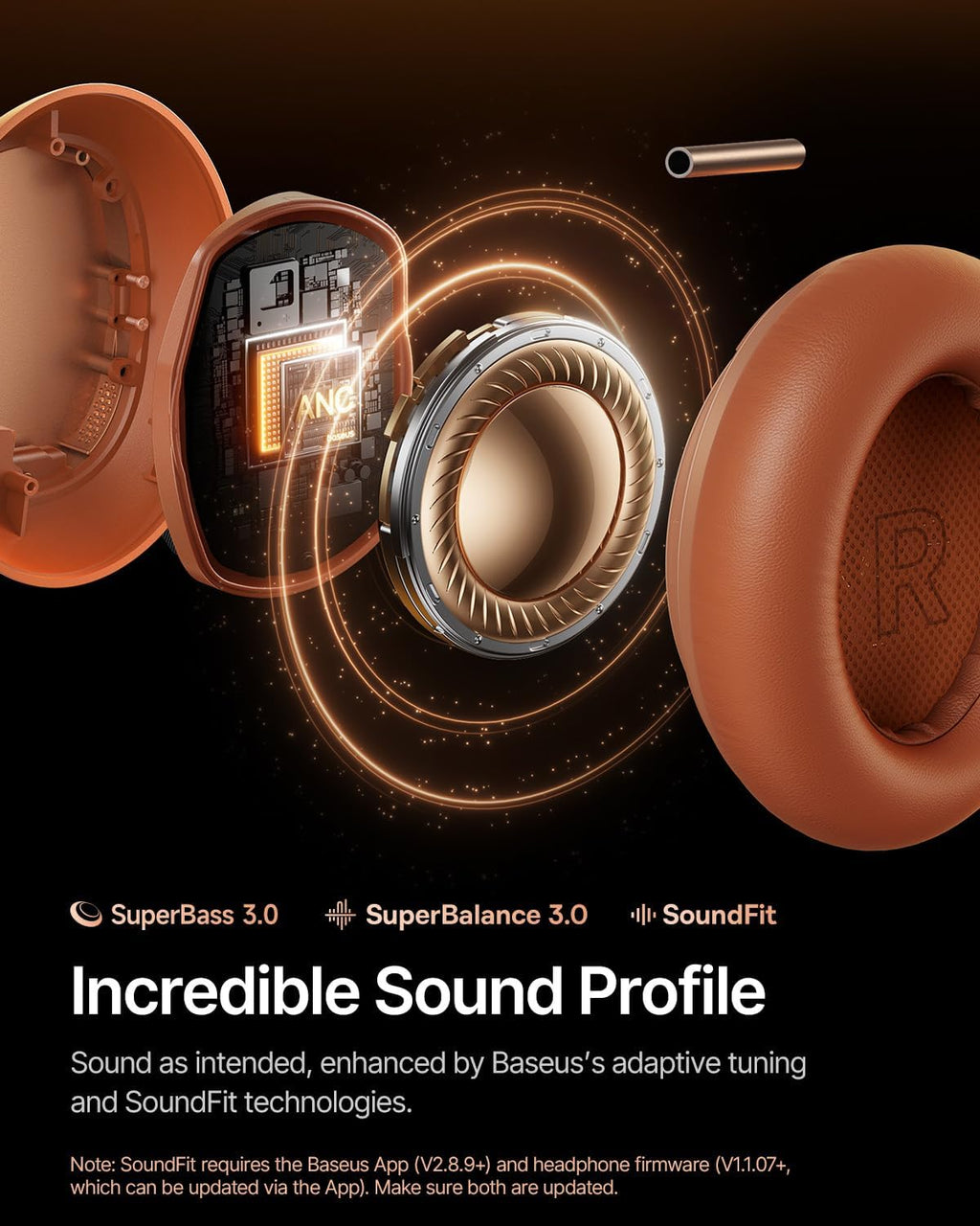 Baseus Inspire XH1 Adaptive Active Noise Cancelling Headphones, Sound by Bose, Dolby Audio, Premium Real-Time Adaptive ANC, Adaptive Tuning Rich Sound, Hi-Res Audio, 100H Playtime - Sunset Coral