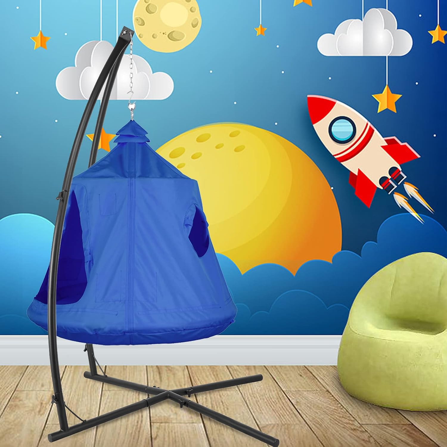 X-Shaped Hanging Tree Tent w/Swing Chair,Hammock Chair Stand Canopy w/Steel Frame,Indoor Outdoor Egg Basket Patio Seat w/Adjustable Solid Stand,Bedroom Porch Balcony Garden 330lb (Blue)