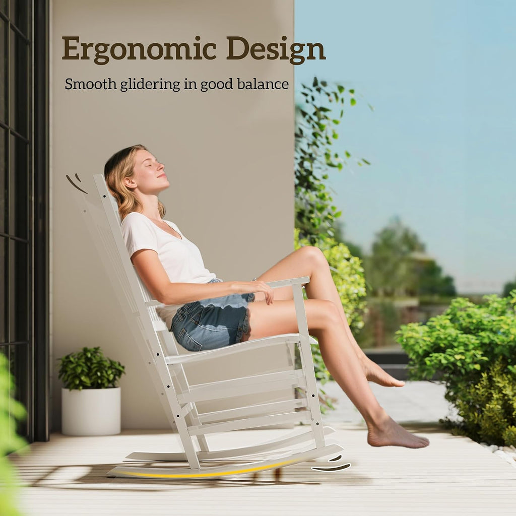 Outsunny Outdoor Rocking Chair Set of 2, Patio Rocking Chair with Smooth Curves, High Density Wooden Rockers for Lawn Garden Porch, Supports Up to 350lbs, White