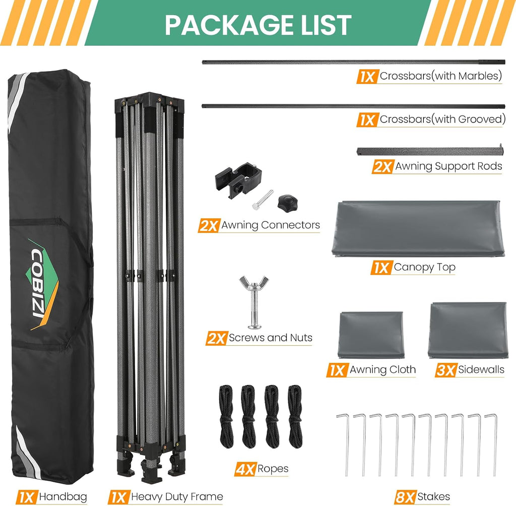 COBIZI 10x10 Pop Up Canopy Tent with Awning & Sidewalls, Heavy Duty Commercial 10X10 Canopy Tents Instant Waterproof, UPF 50+ Sun Shade for Outdoor, Parties, Markets (Gray)