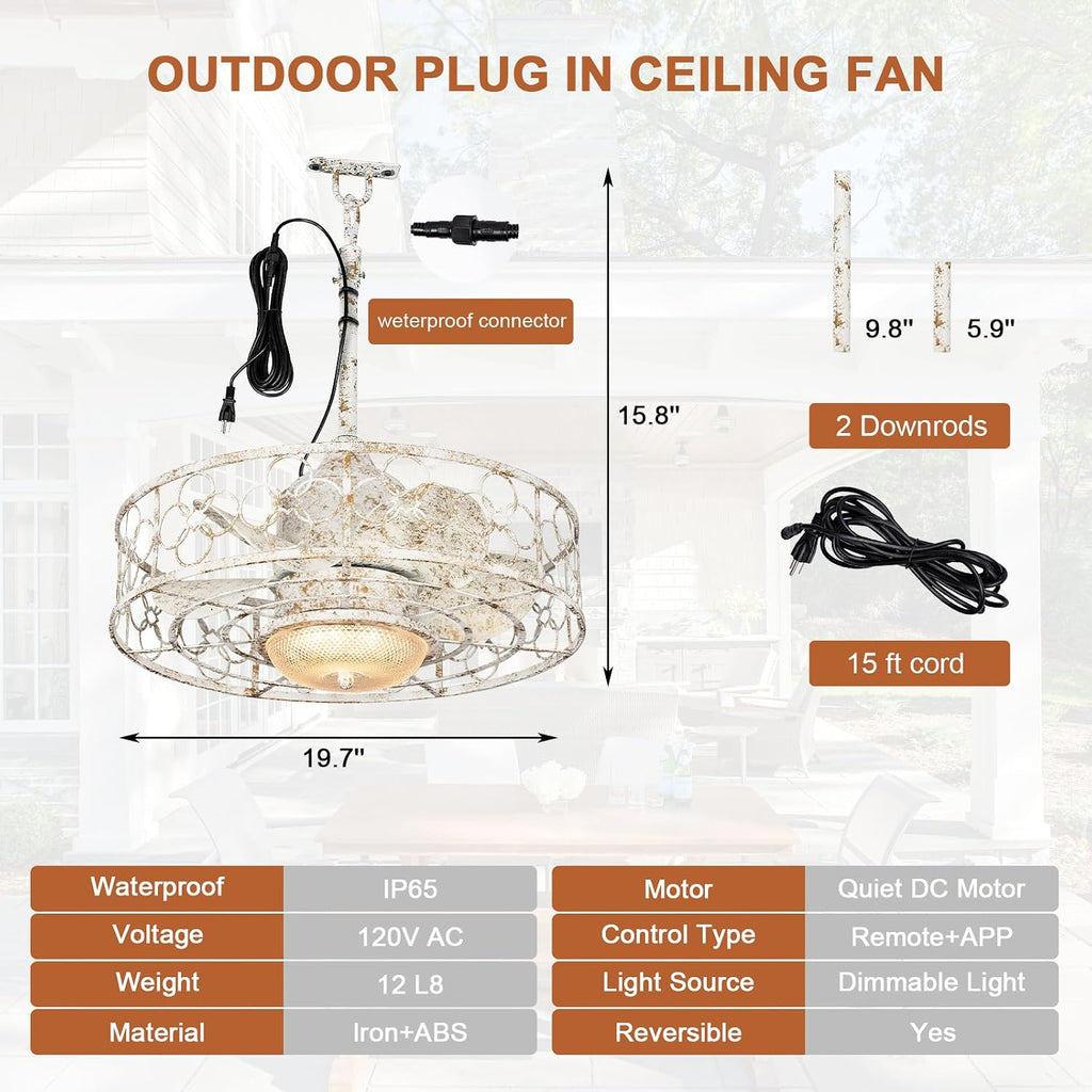 20' Outdoor Ceiling Fan with Light for Patios Waterproof Caged Gazebo Fans Outdoor Hanging Lighting with Plug-in Cord, Dimmable LED, Remote APP Control, 6 Speeds for Pergola Porch Gazebo (White)