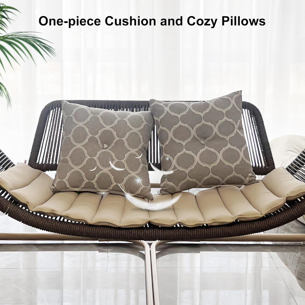 PURPLE LEAF 2 Seat Porch Swing Outdoor Hand-Woven Rattan Bench Glider Loveseat Hanging Cloud Swing Chair with Stand for Indoor Backyard Garden Patio Hammock Swinging, Cushion and Pillows Included