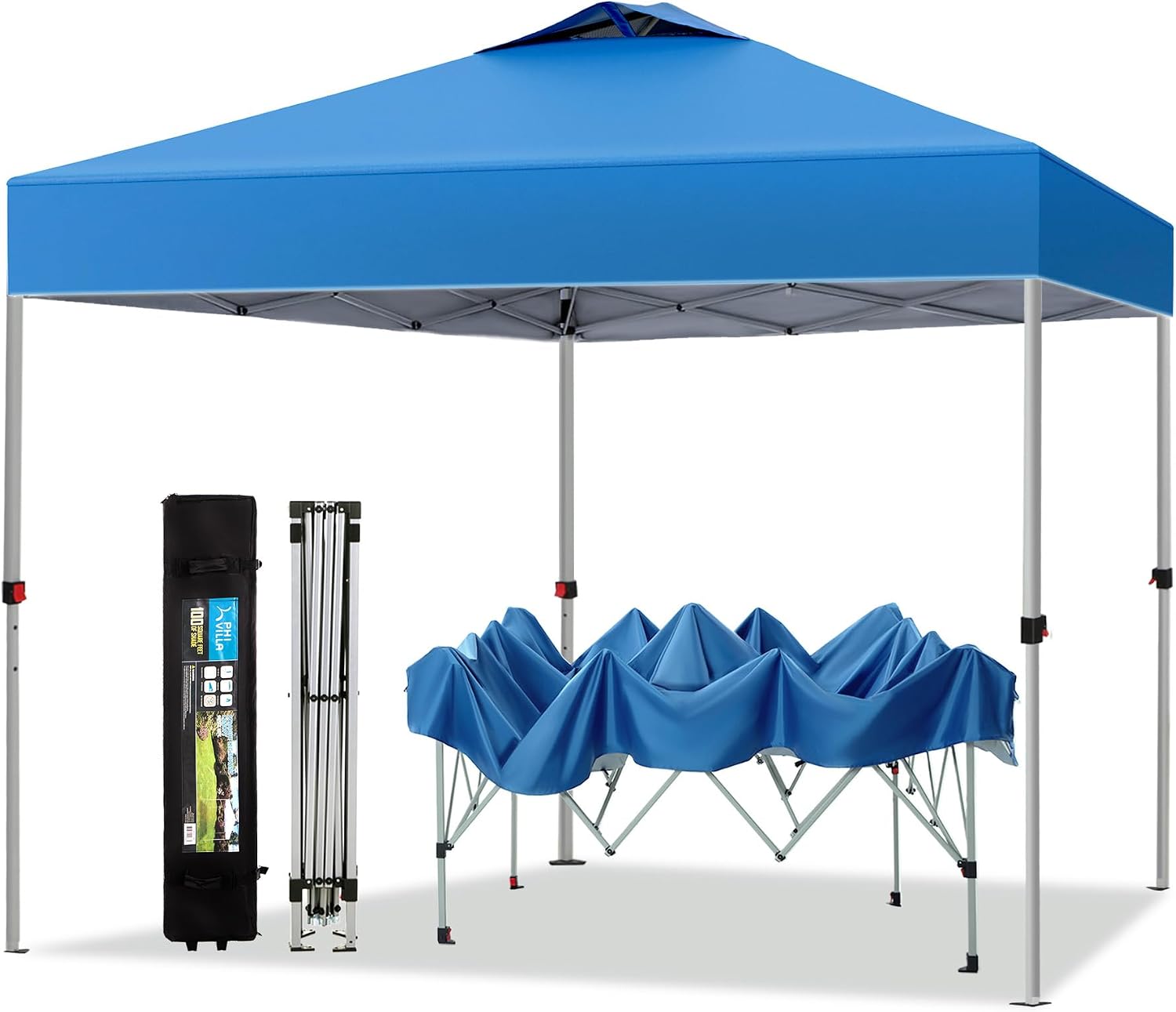 PHI VILLA Pop-up Canopy 10x10 Patio Tent Instant Gazebo Canopy with Wheeled Bag, Portable Lightweight Folding w/Adjustable Height,Blue