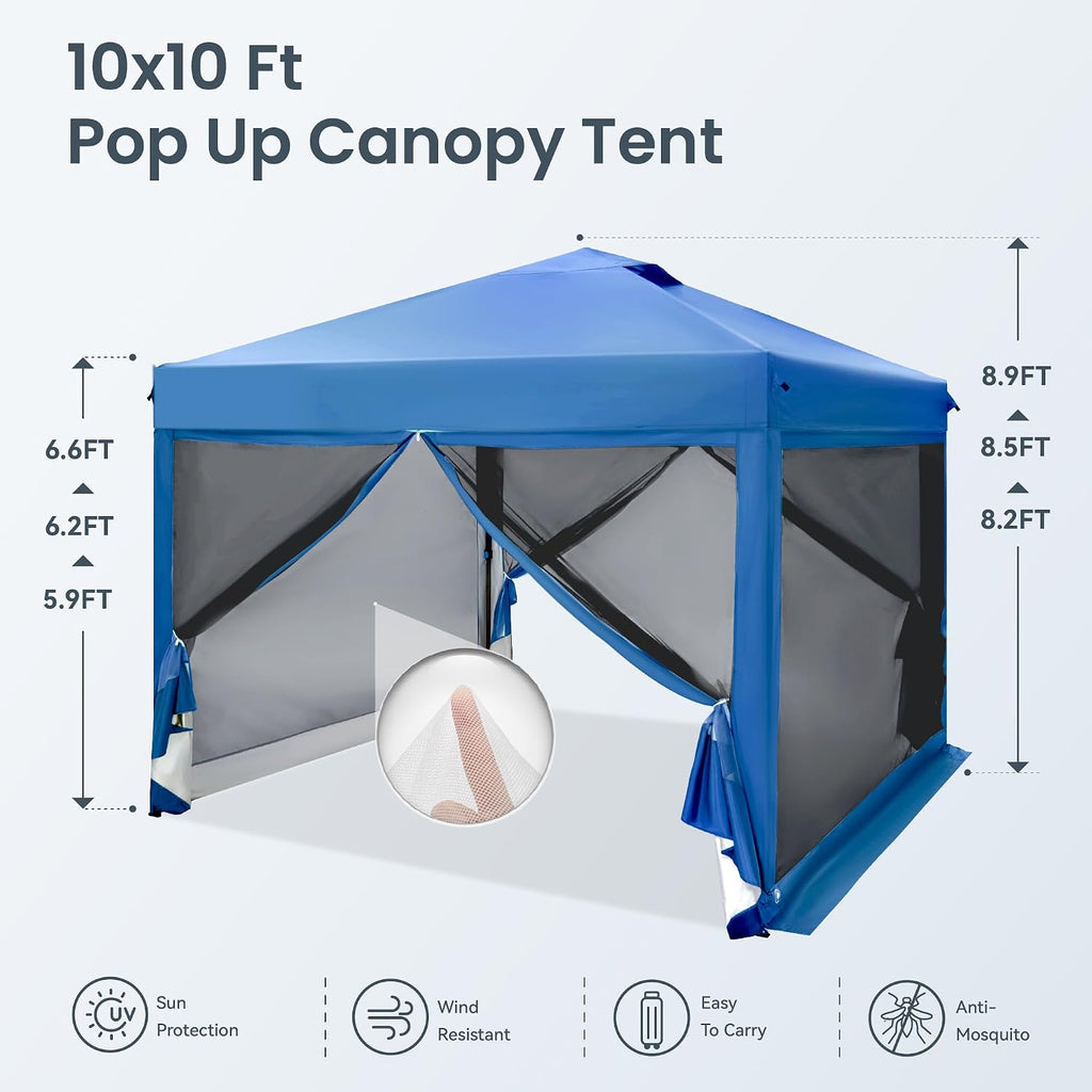 PHI VILLA 10' x 10' Pop Up Canopy Tent with Netting, Instant Gazebo, Ez up Screen Party Tent House Room with Carry Bag, Height Adjustable, for Outdoor, Garden, Blue
