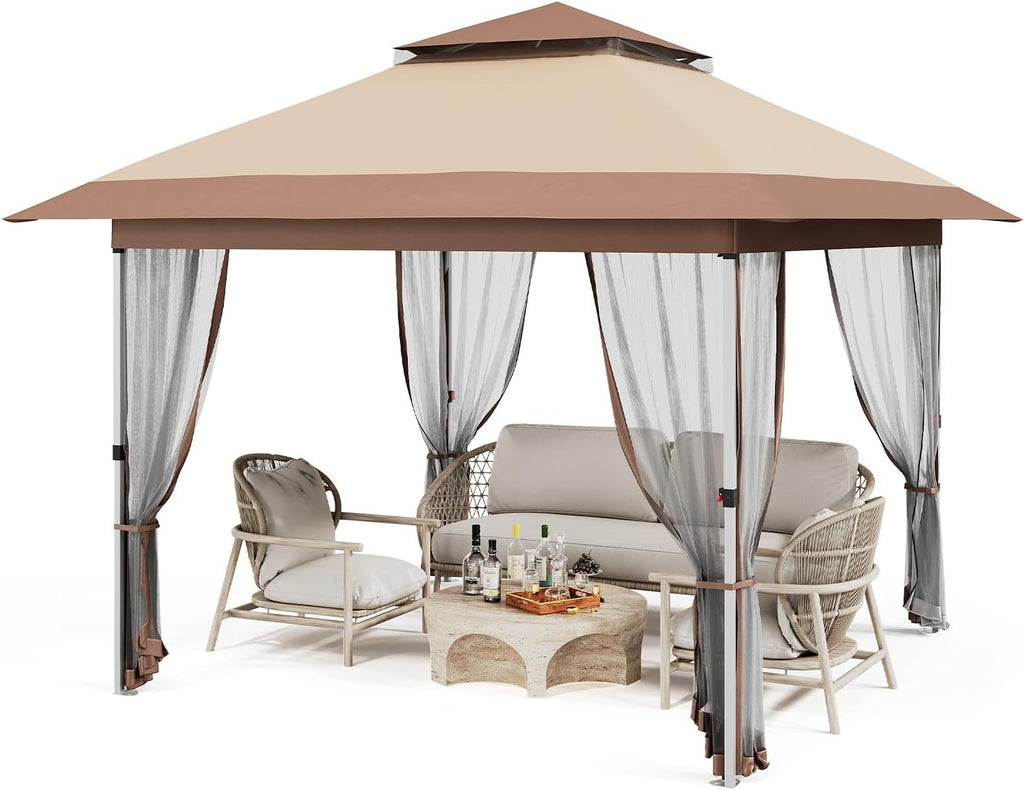GarveeLife 10x10 Canopy Tent, Pop Up Gazebo Tent with Mosquito Netting, Outdoor Canopy with 4 Sandbags & Wheeled Bag & Height Adjustable, Pop Up Gazebo for Patio Garden Backyard Lawn Deck
