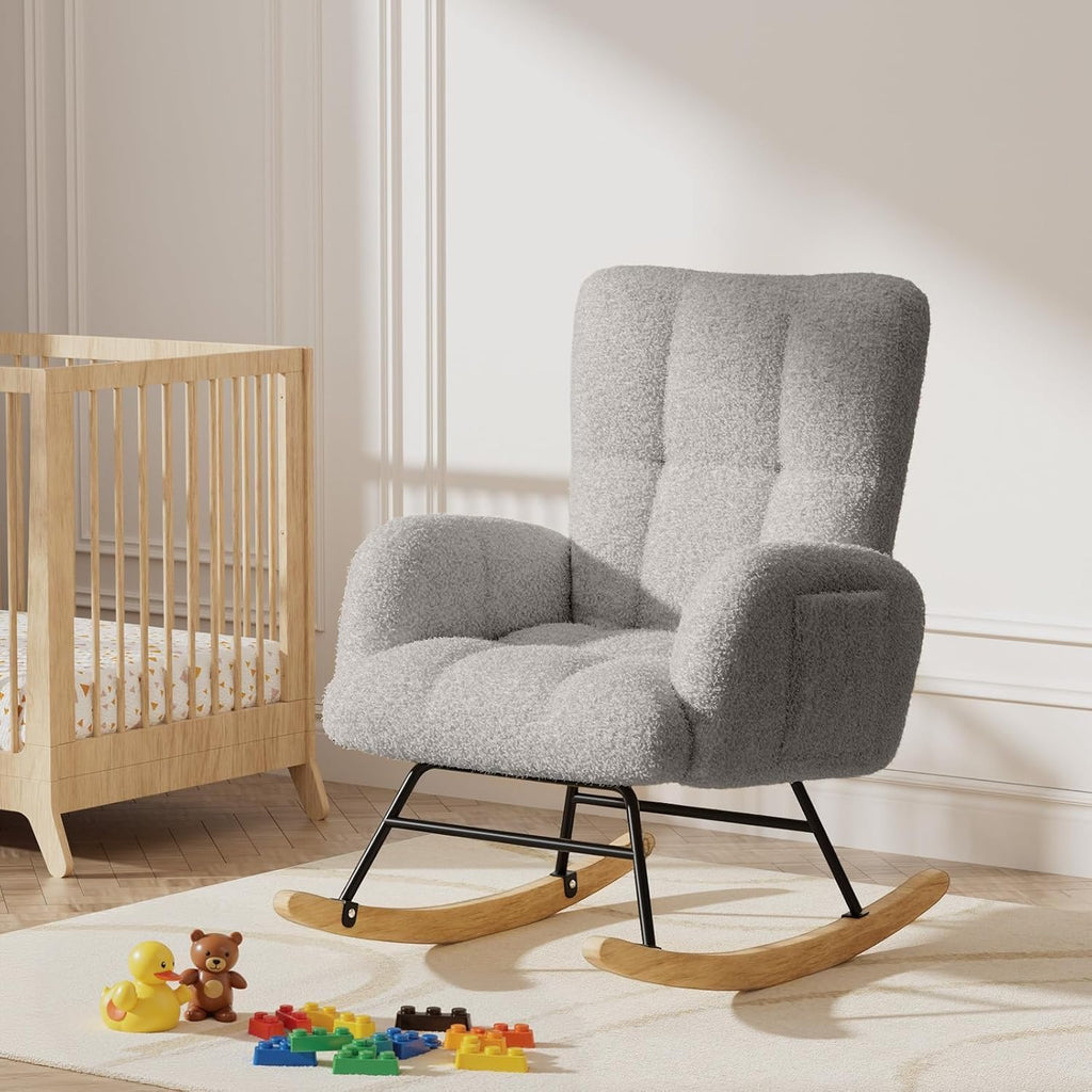LUCKLIFE Rocking Chair Nursery,Teddy Upholstered Glider Rocker Chair with High Backrest,Reading Chair Modern Rocking Accent Chairs with Side Pockets for Living Room,Bedroom (Grey)