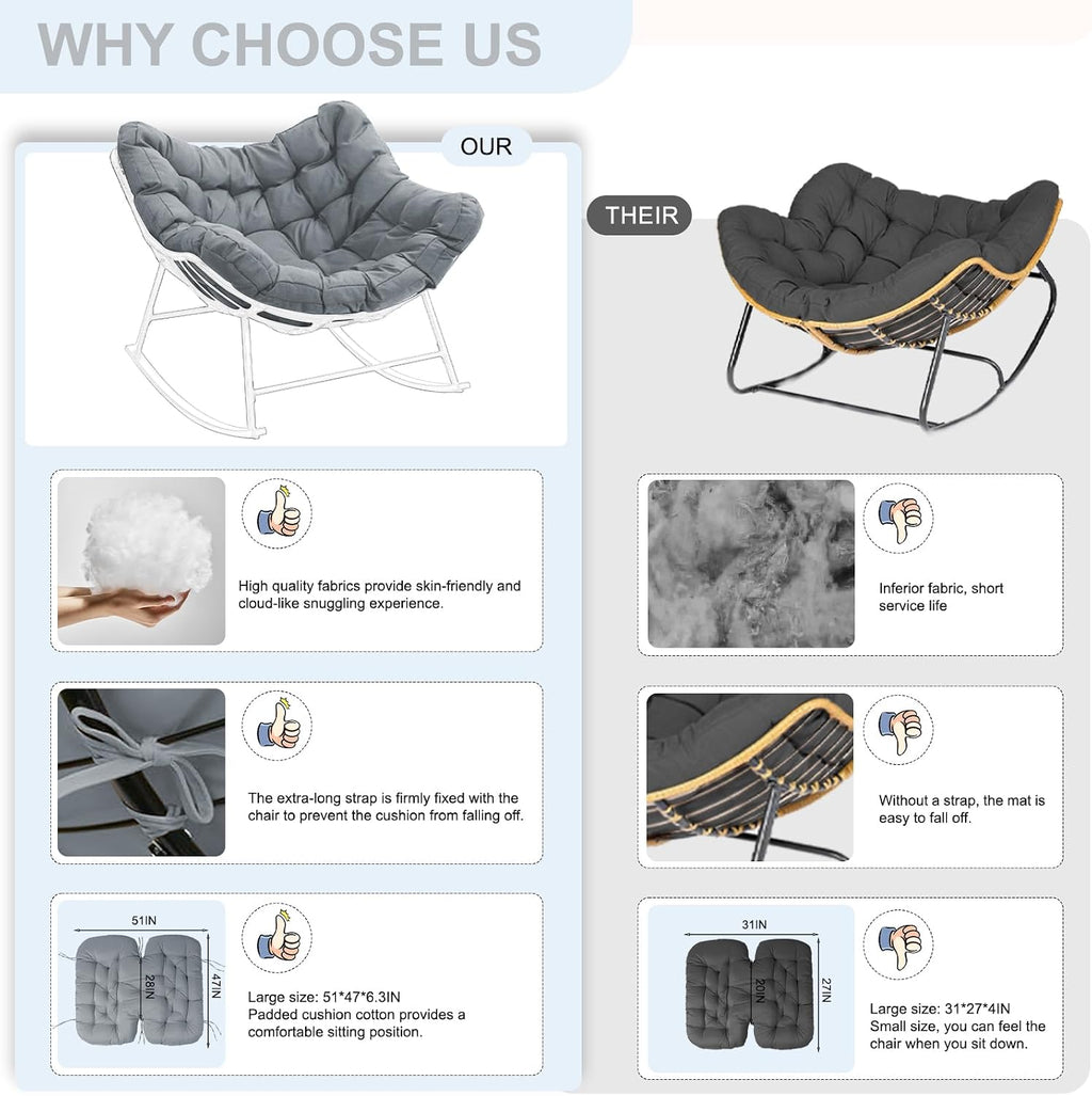 Outdoor Rocking Chair Cushion – Waterproof Wicker Egg Chair Replacement Pad, Thick Papasan Seat Cushion with Ties for Indoor & Outdoor Patio, Porch, Balcony, or Garden (Light Gray)